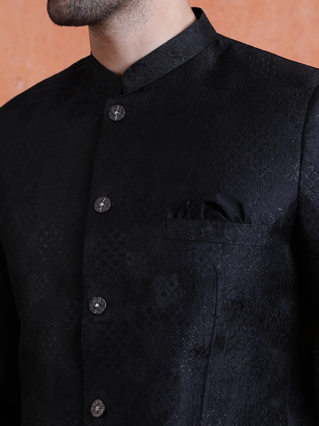 Black Silk Blend Jacquard Bandhgala - Image 5