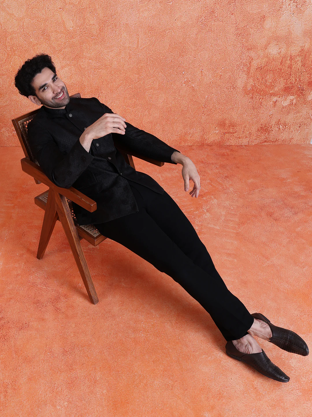 Black Silk Blend Jacquard Bandhgala Trouser Set