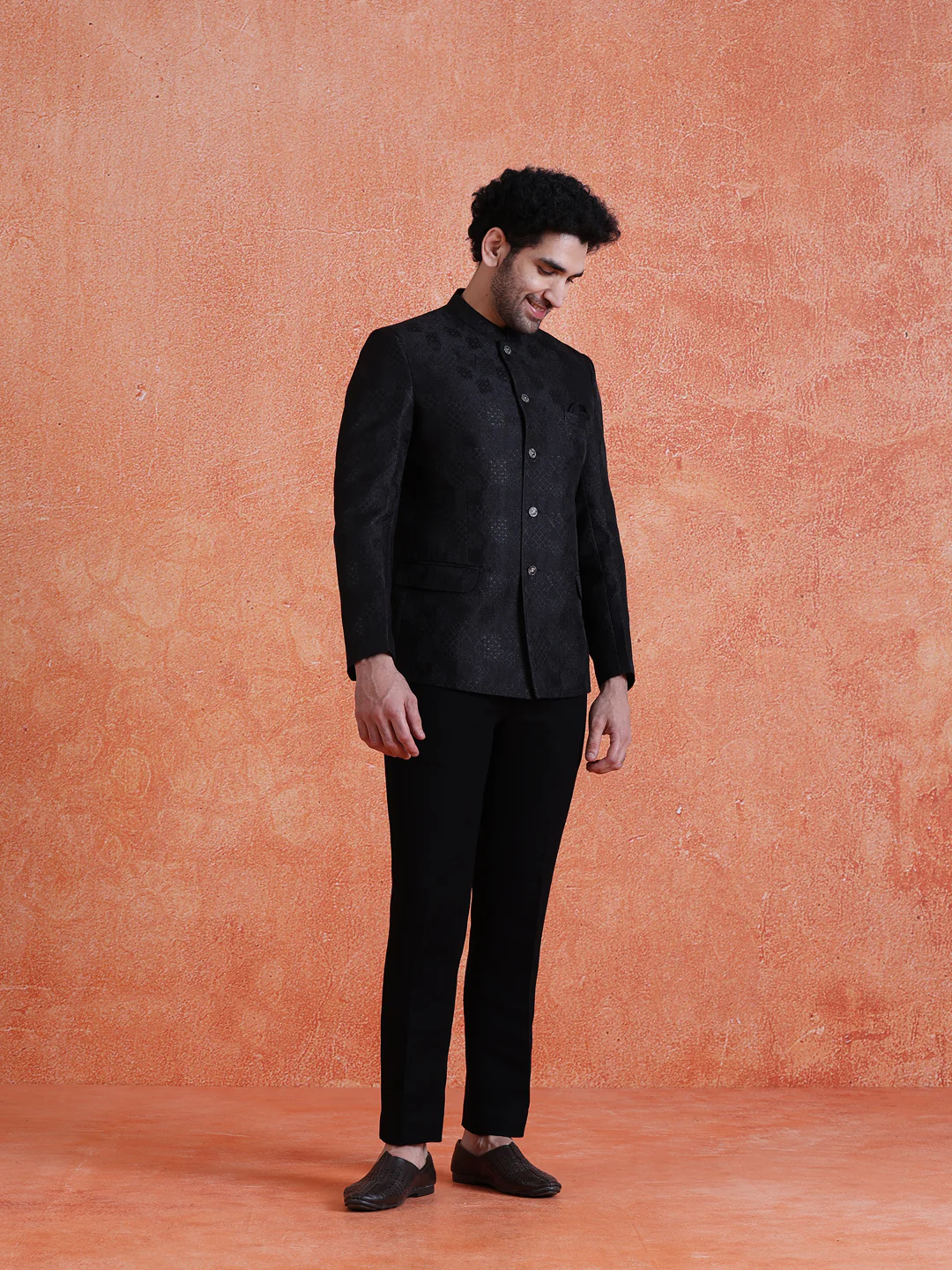 Black Silk Blend Jacquard Bandhgala Trouser Set - Image 3