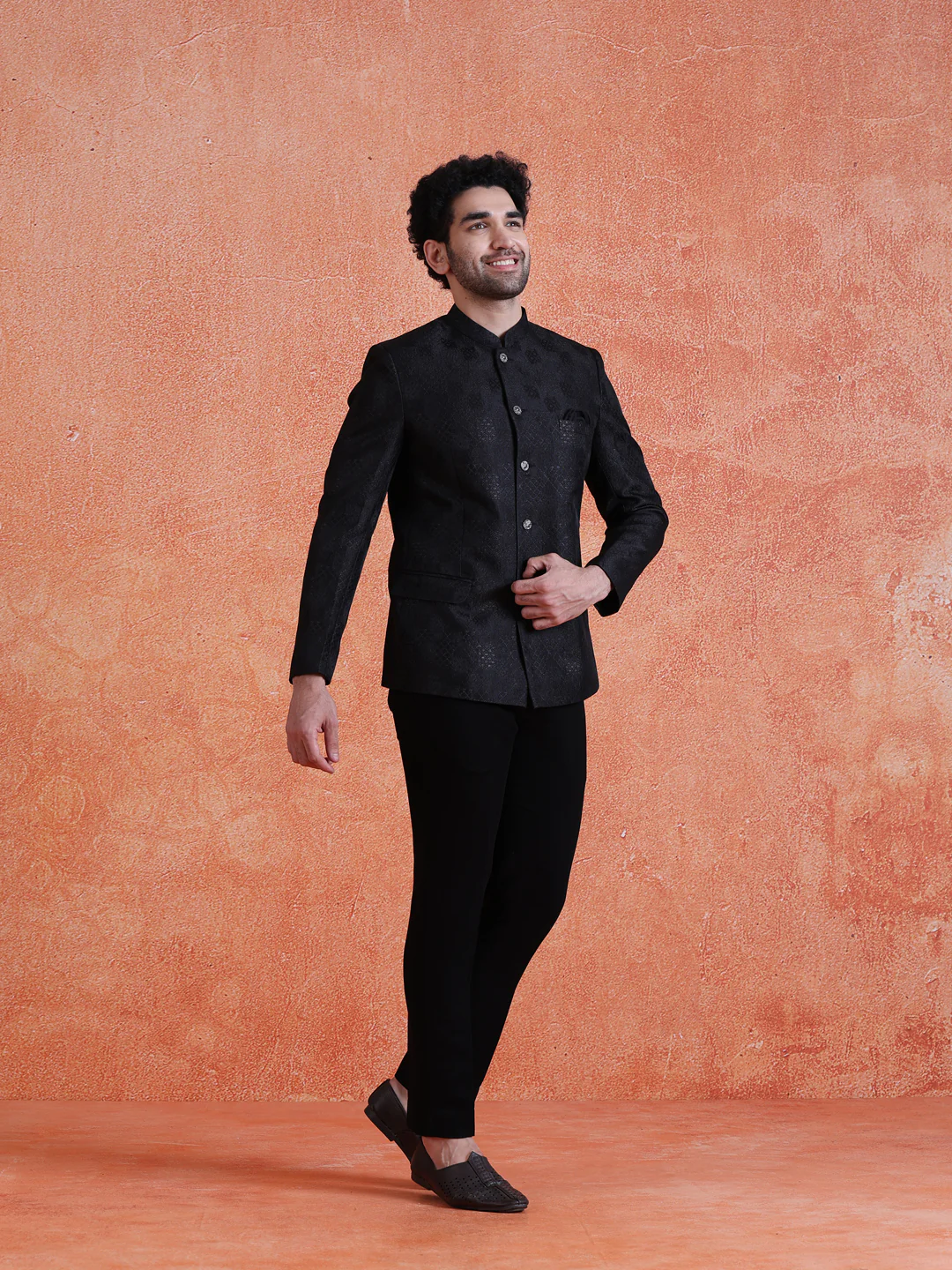 Black Silk Blend Jacquard Bandhgala Trouser Set - Image 7