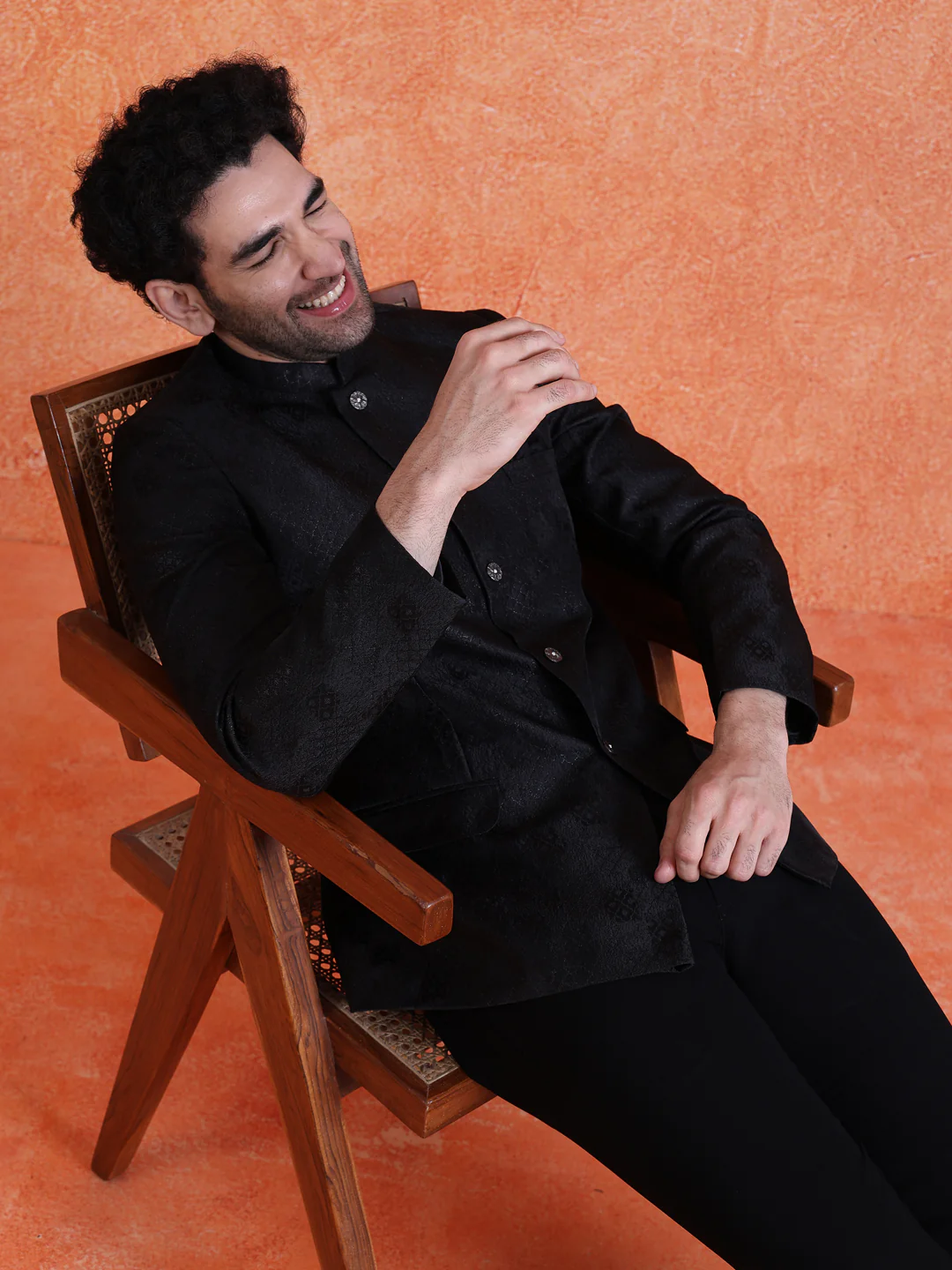 Black Silk Blend Jacquard Bandhgala Trouser Set - Image 9