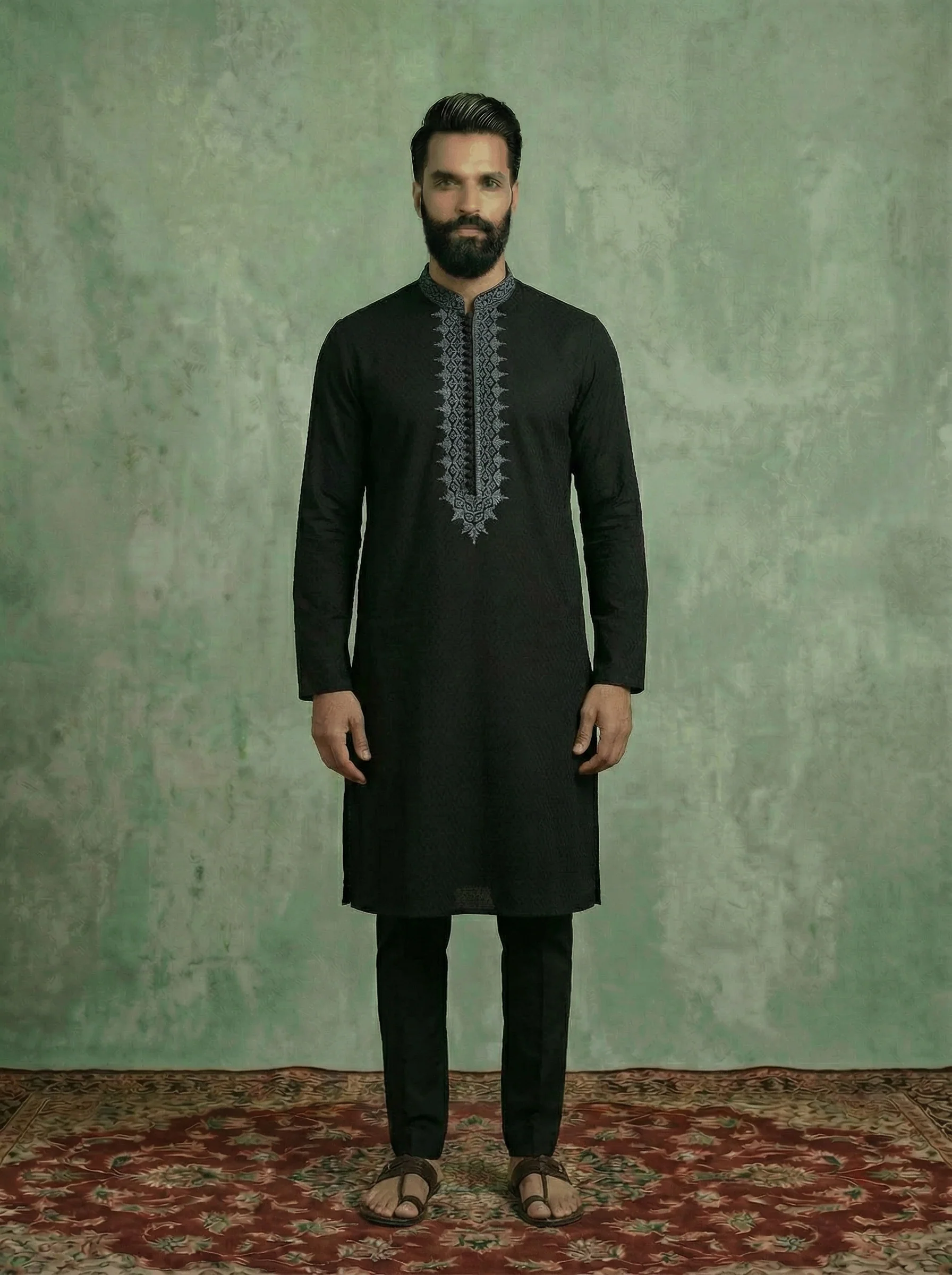 Black Silk Blend Jacquard Embroidered Kurta Trouser Set