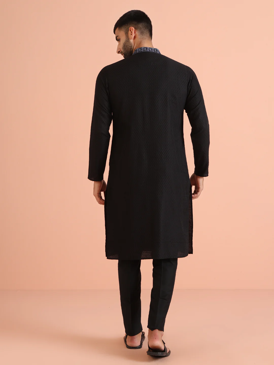 Black Silk Blend Jacquard Embroidered Kurta Trouser Set - Image 4