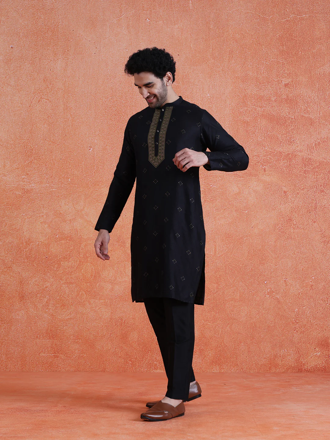 Black Silk Blend Jacquard Kurta Trouser Set - Image 3