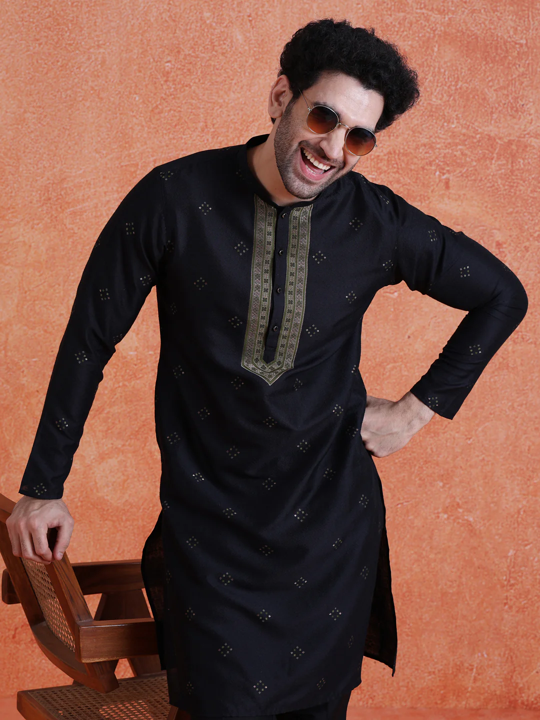 Black Silk Blend Jacquard Kurta Trouser Set - Image 8