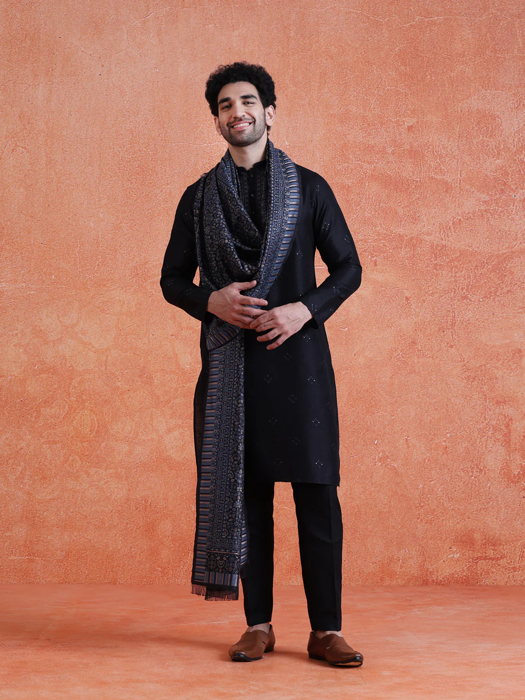 Black Silk Blend Jacquard Kurta Trouser Set With Dupatta