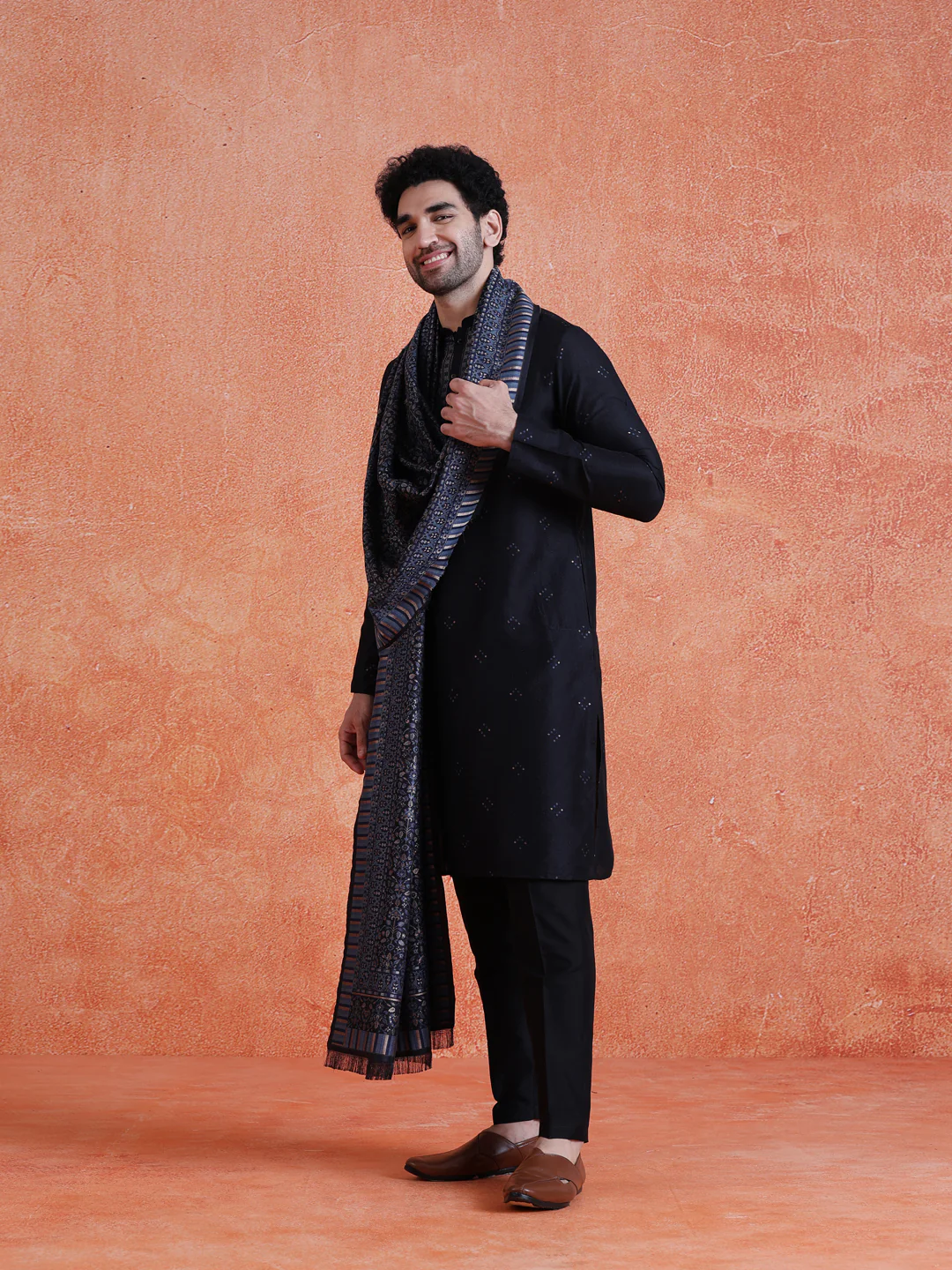 Black Silk Blend Jacquard Kurta Trouser Set With Dupatta - Image 2