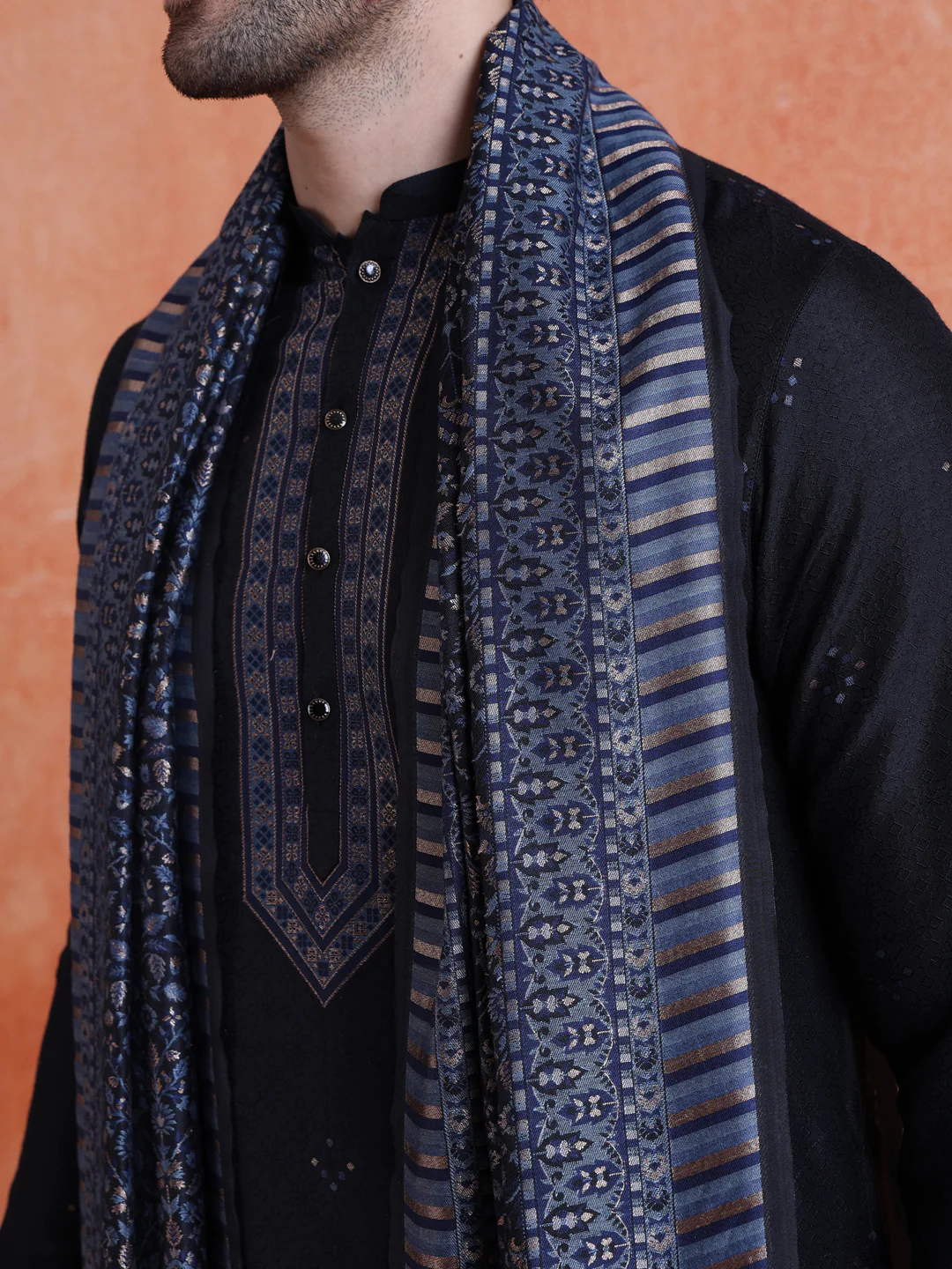 Black Silk Blend Jacquard Kurta Trouser Set With Dupatta - Image 5