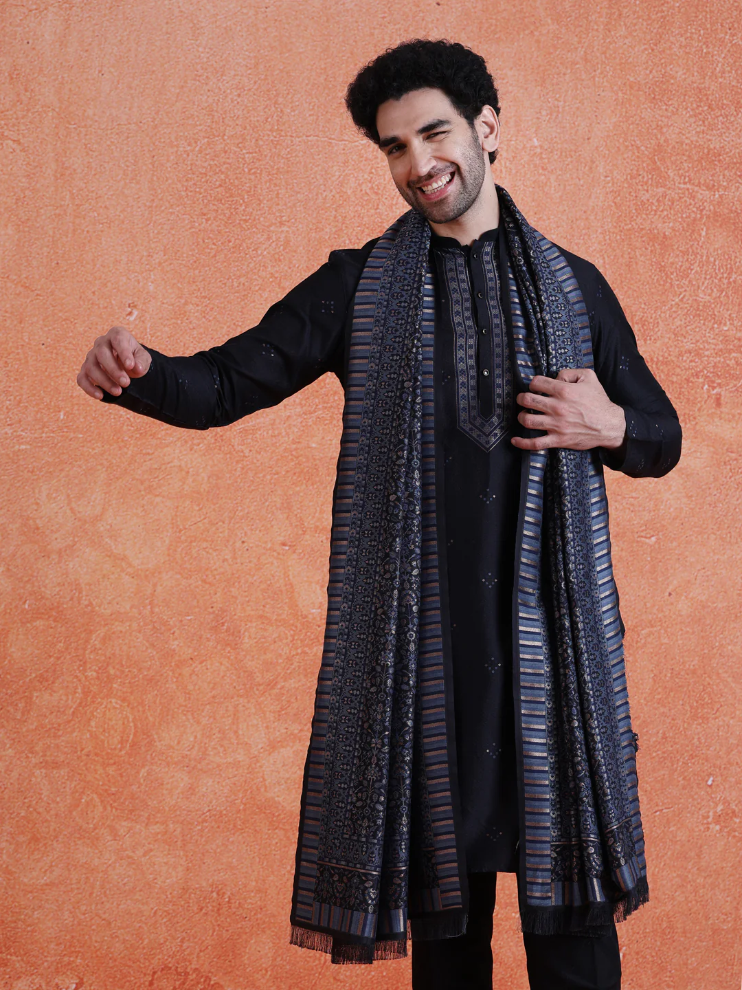 Black Silk Blend Jacquard Kurta Trouser Set With Dupatta - Image 9