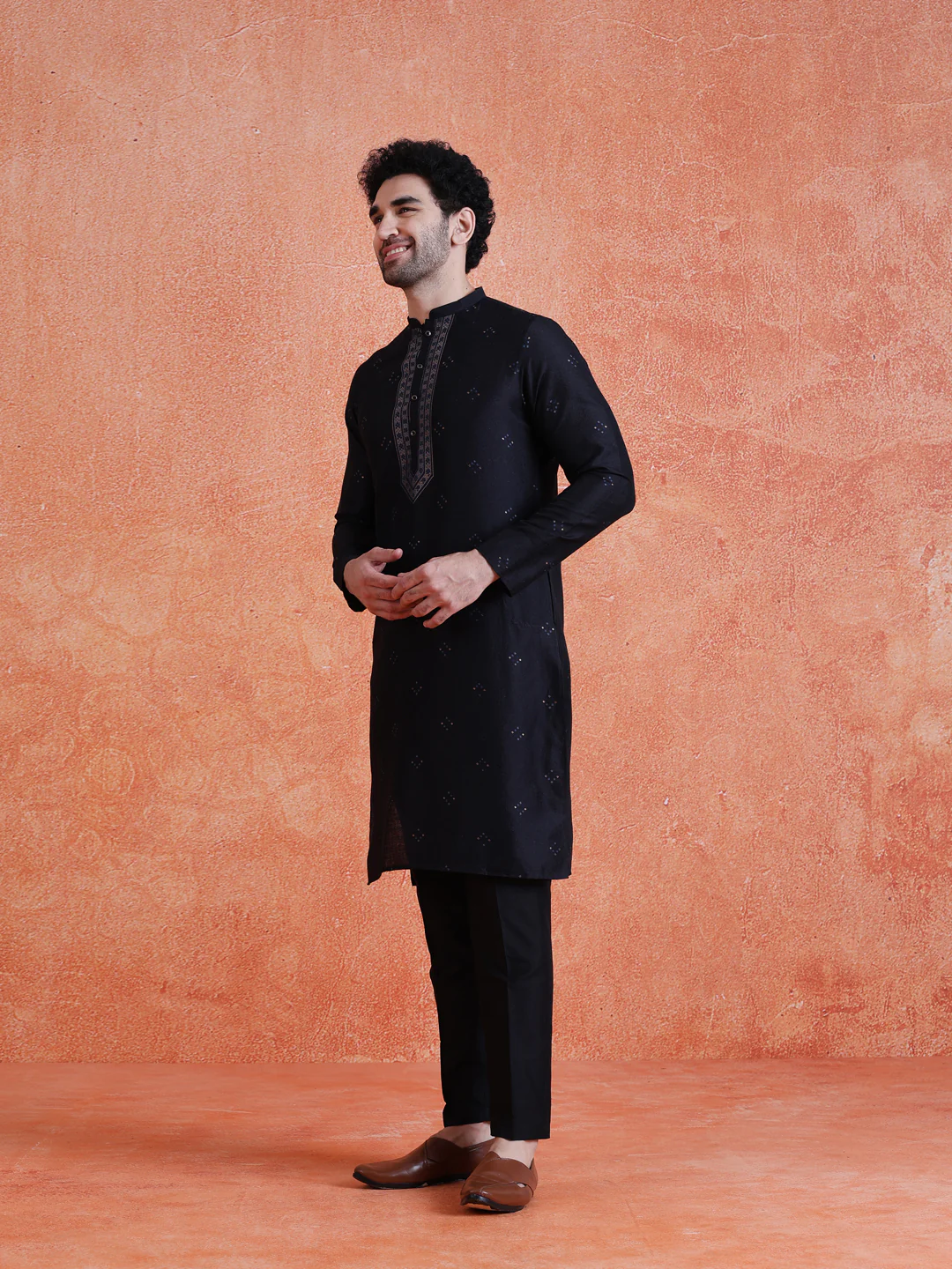 Black Silk Blend Jacquard Long Kurta - Image 3