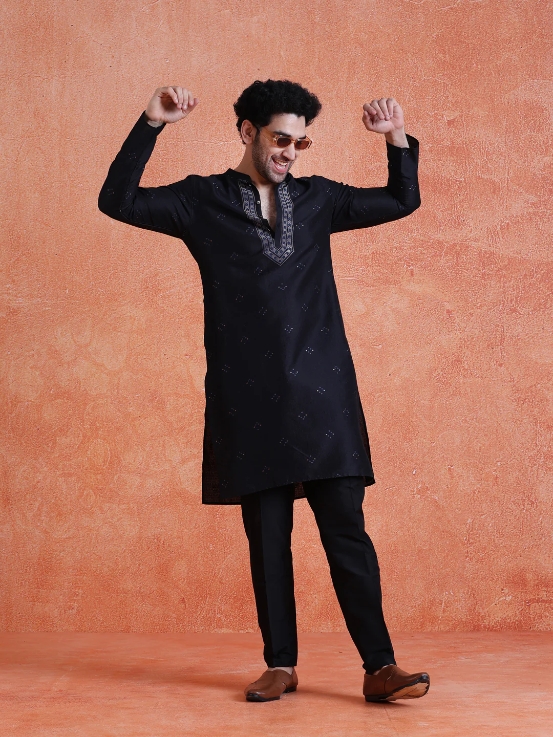 Black Silk Blend Jacquard Long Kurta - Image 6
