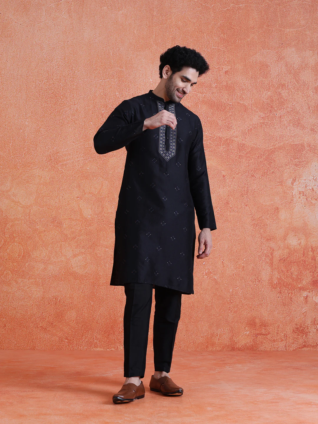 Black Silk Blend Jacquard Long Kurta - Image 7