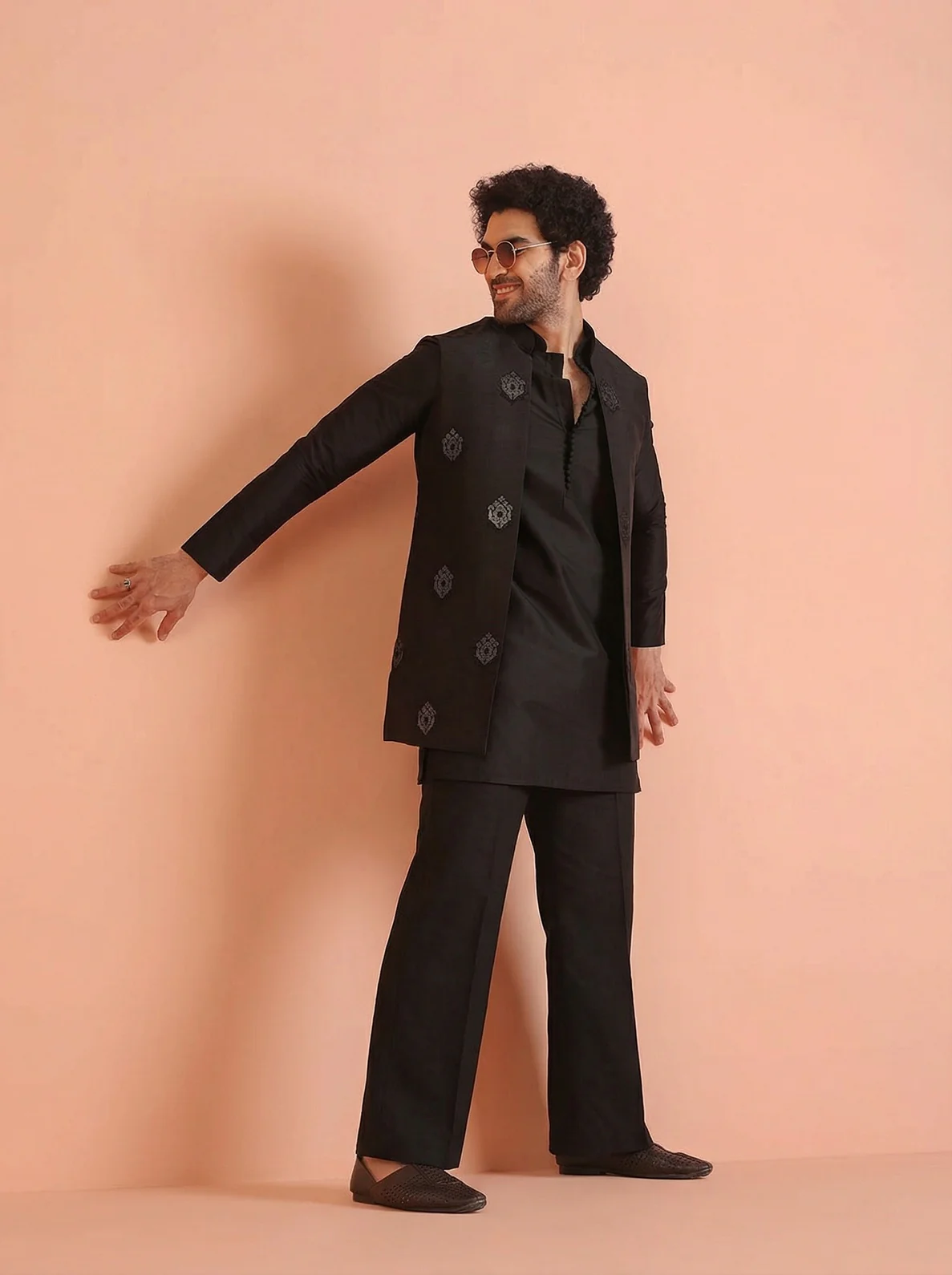 Black Silk Blend Jacquard Mid Kurta Front Open Jacket Wide Leg Trouser Set