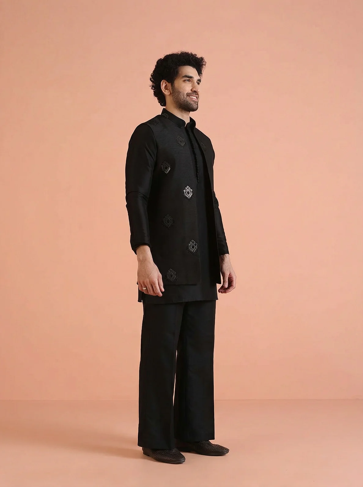 Black Silk Blend Jacquard Mid Kurta Front Open Jacket Wide Leg Trouser Set - Image 2
