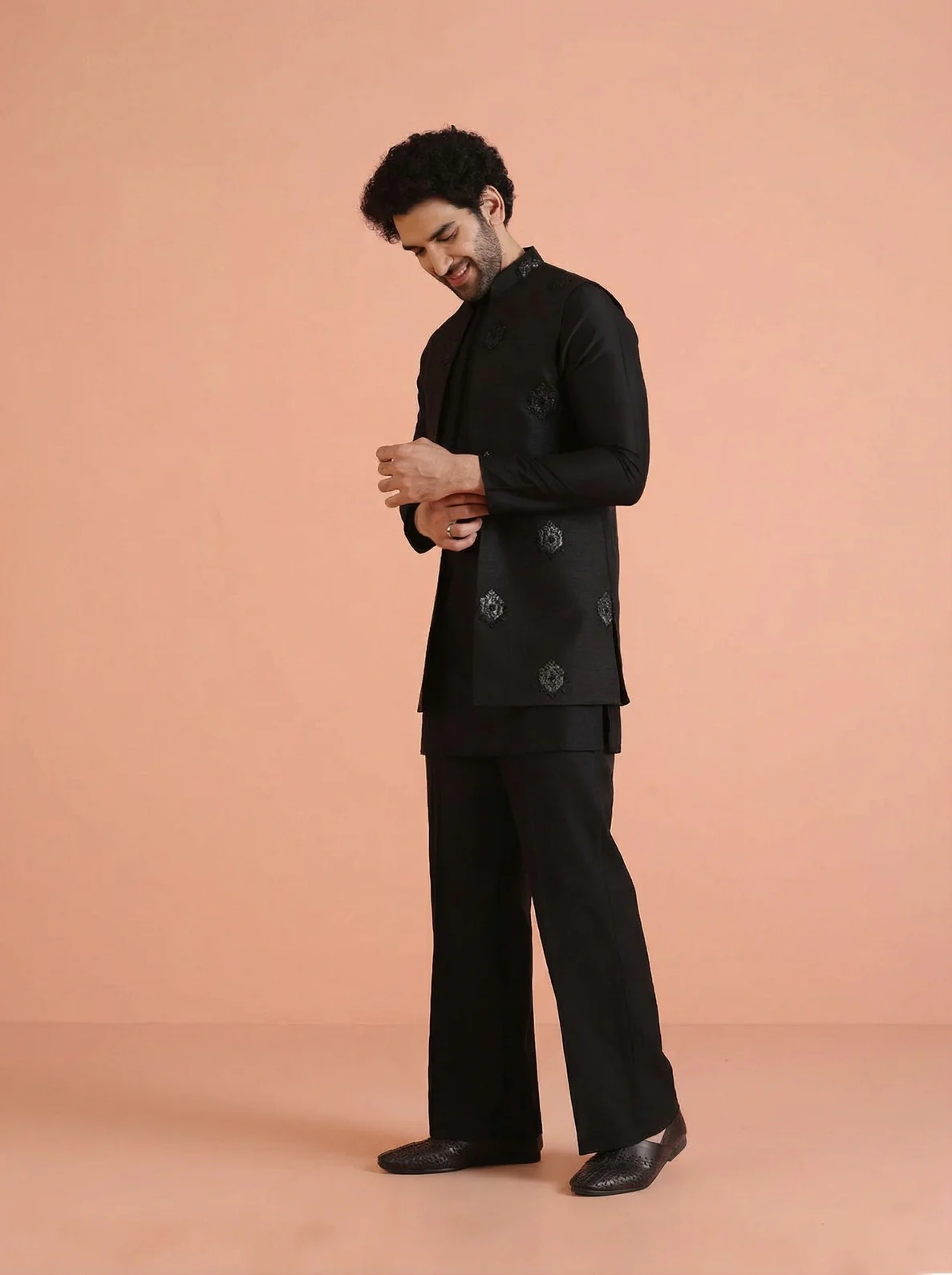 Black Silk Blend Jacquard Mid Kurta Front Open Jacket Wide Leg Trouser Set - Image 6