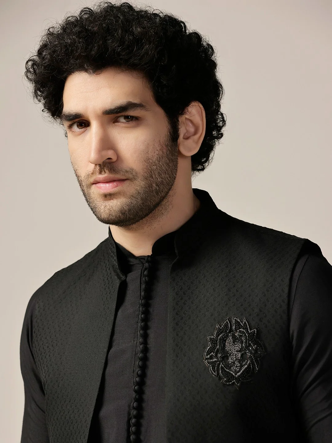 Black Silk Blend Jacquard Mid Kurta Front Open Jacket Wide Leg Trouser Set - Image 4