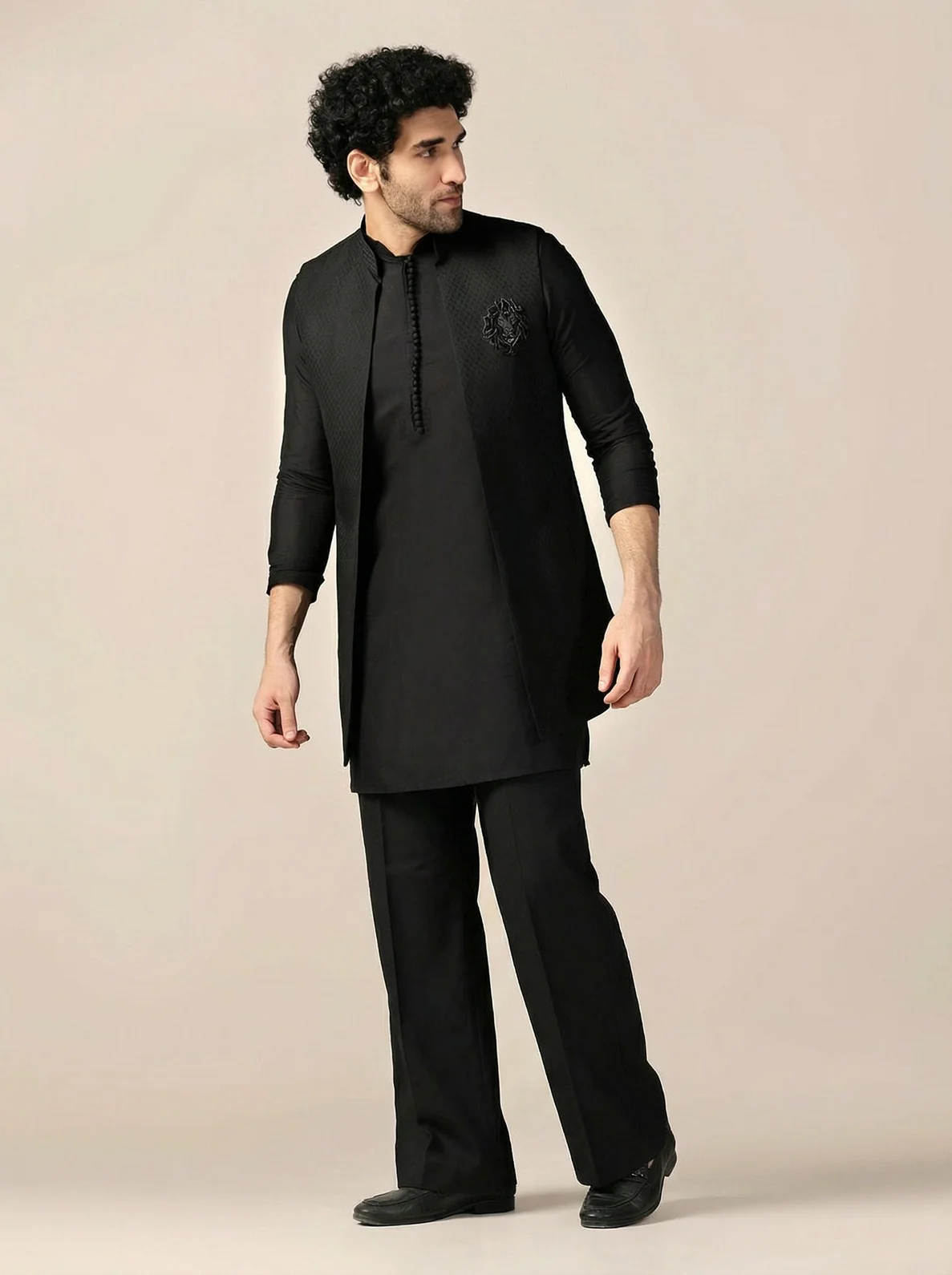 Black Silk Blend Jacquard Mid Kurta Front Open Jacket Wide Leg Trouser Set - Image 6