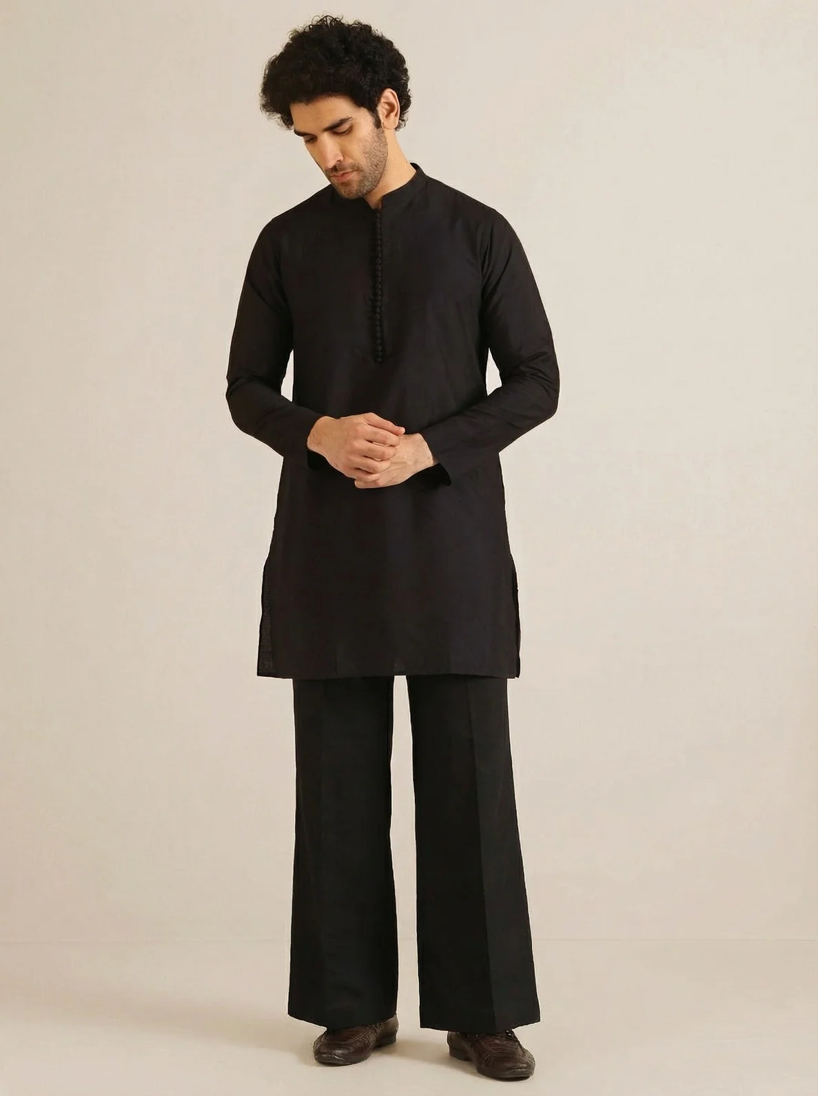 Black Silk Blend Jacquard Mid Kurta Front Open Jacket Wide Leg Trouser Set - Image 7