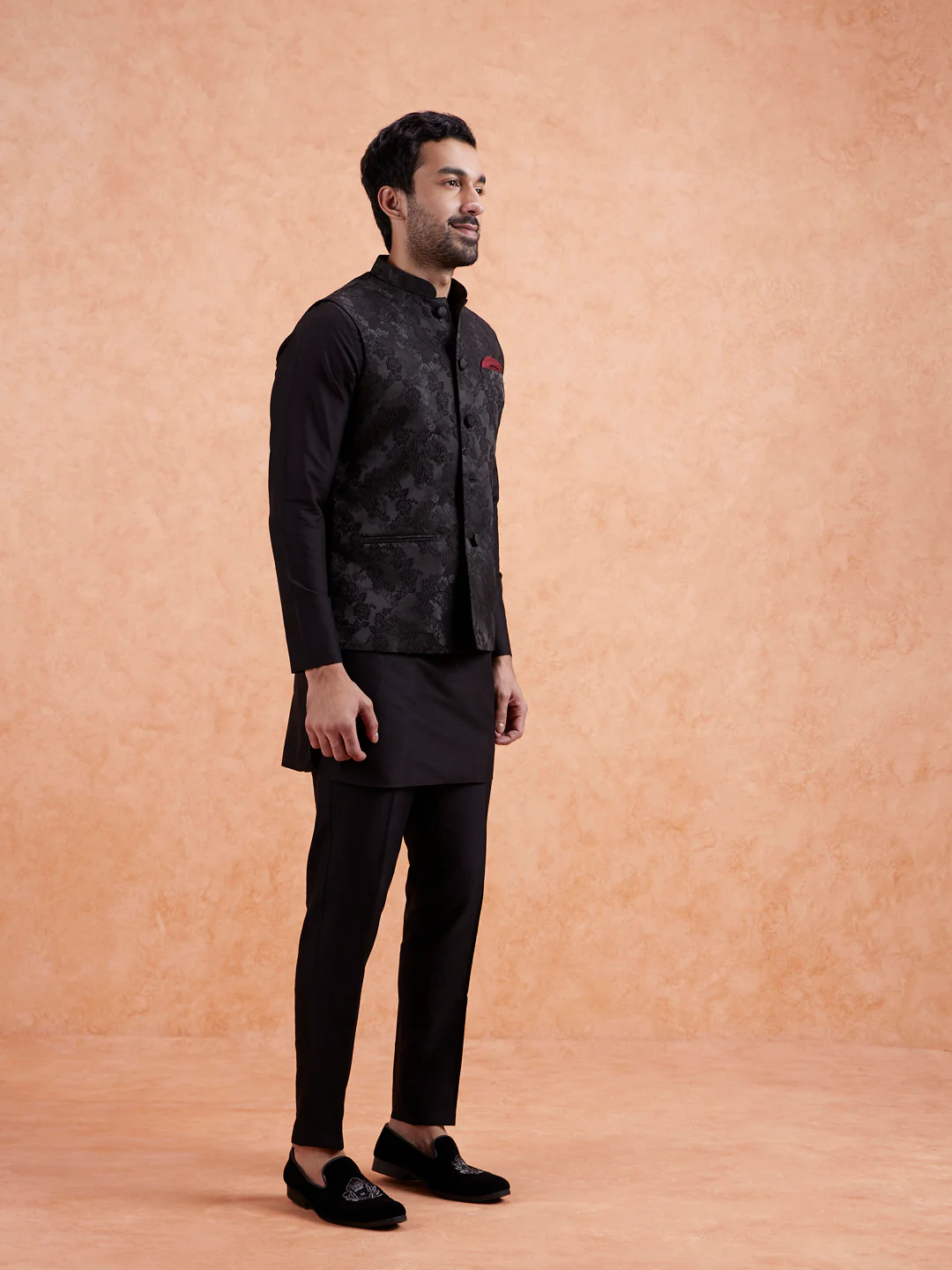 Black Jacquard Silk Blend Kurta Jacket Set