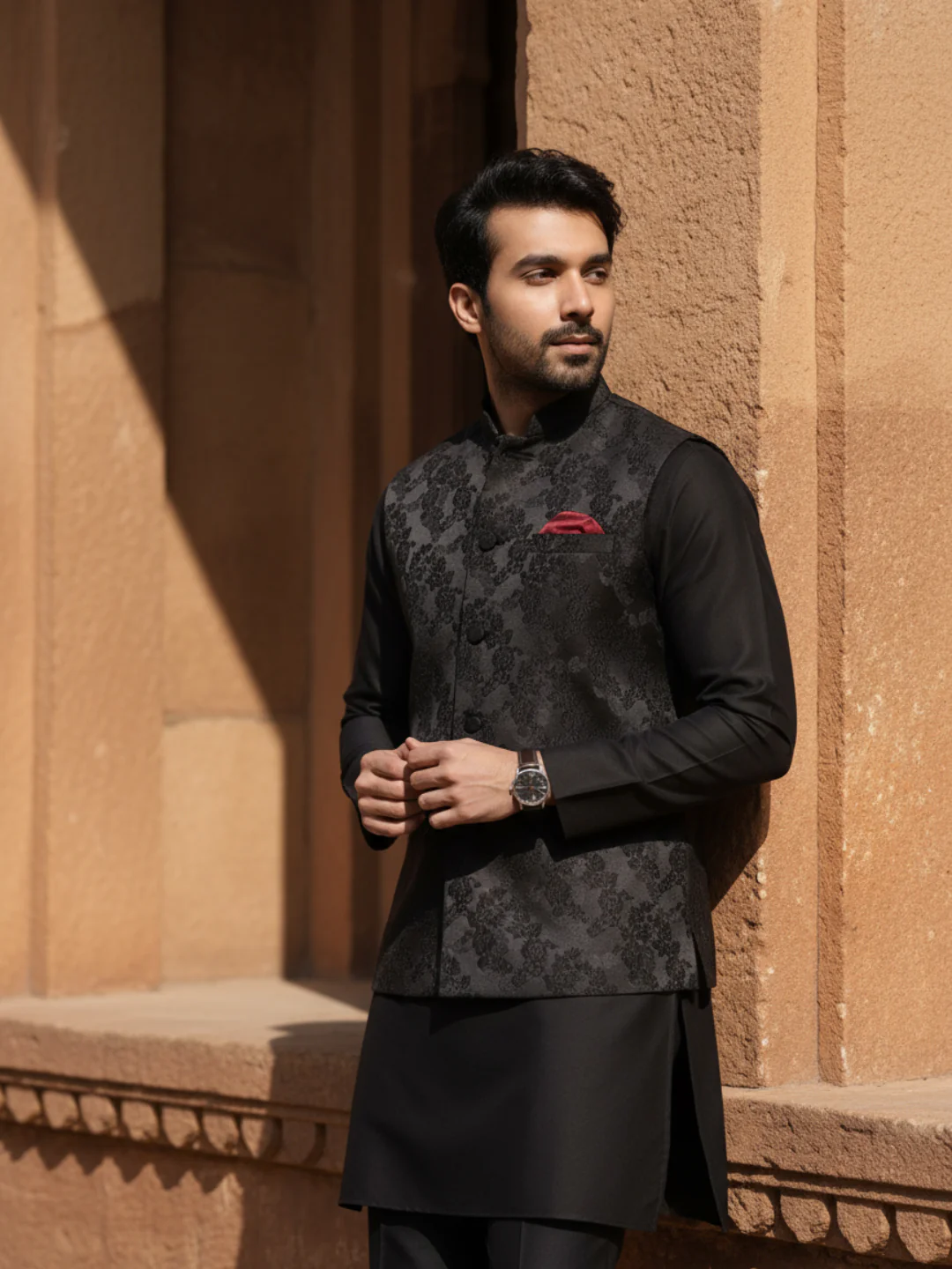 Black Jacquard Silk Blend Kurta Jacket Set - Image 11