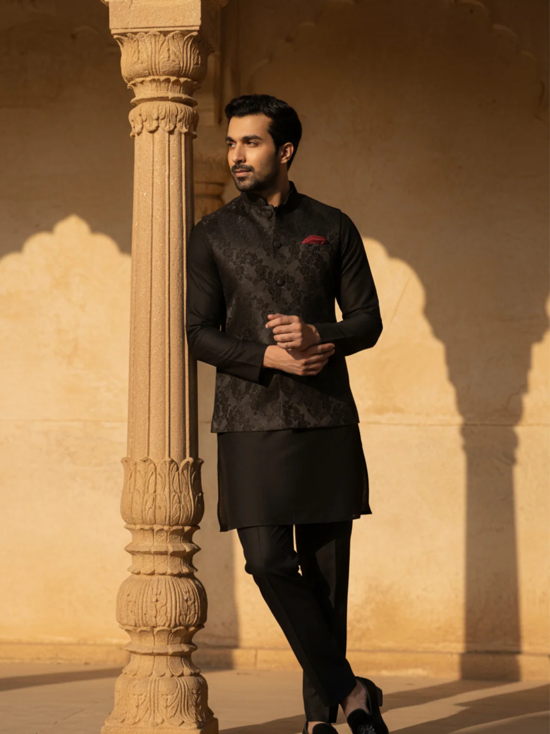 Black Jacquard Silk Blend Kurta Jacket Set - Image 2