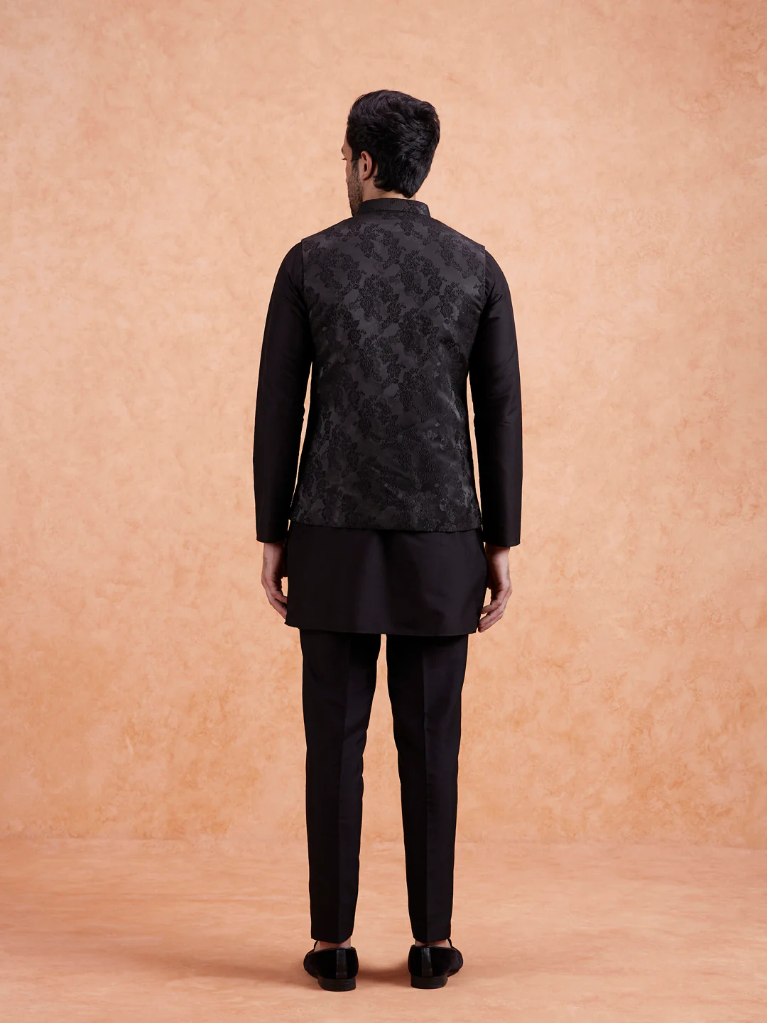 Black Jacquard Silk Blend Kurta Jacket Set - Image 4