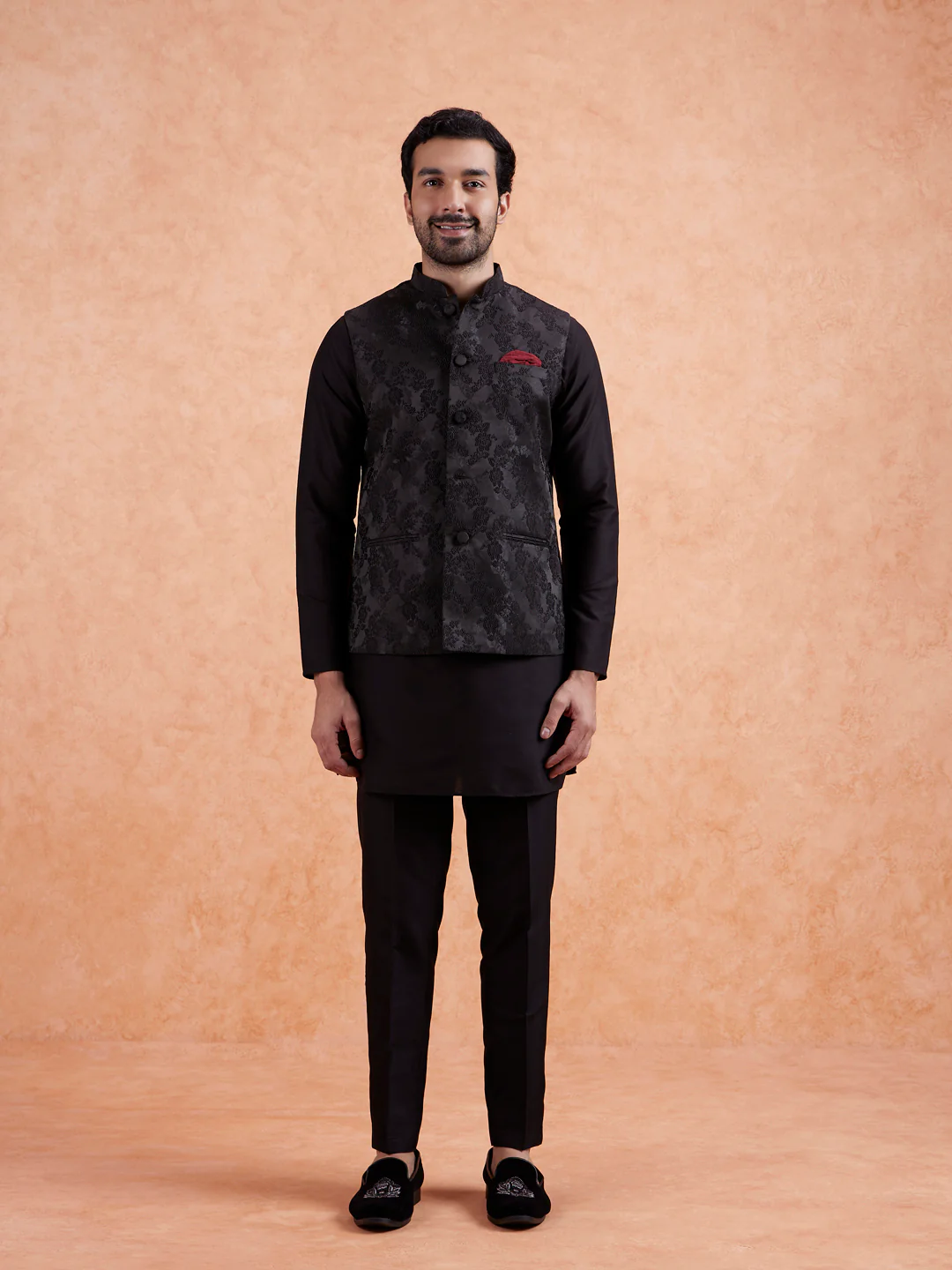 Black Jacquard Silk Blend Kurta Jacket Set - Image 7