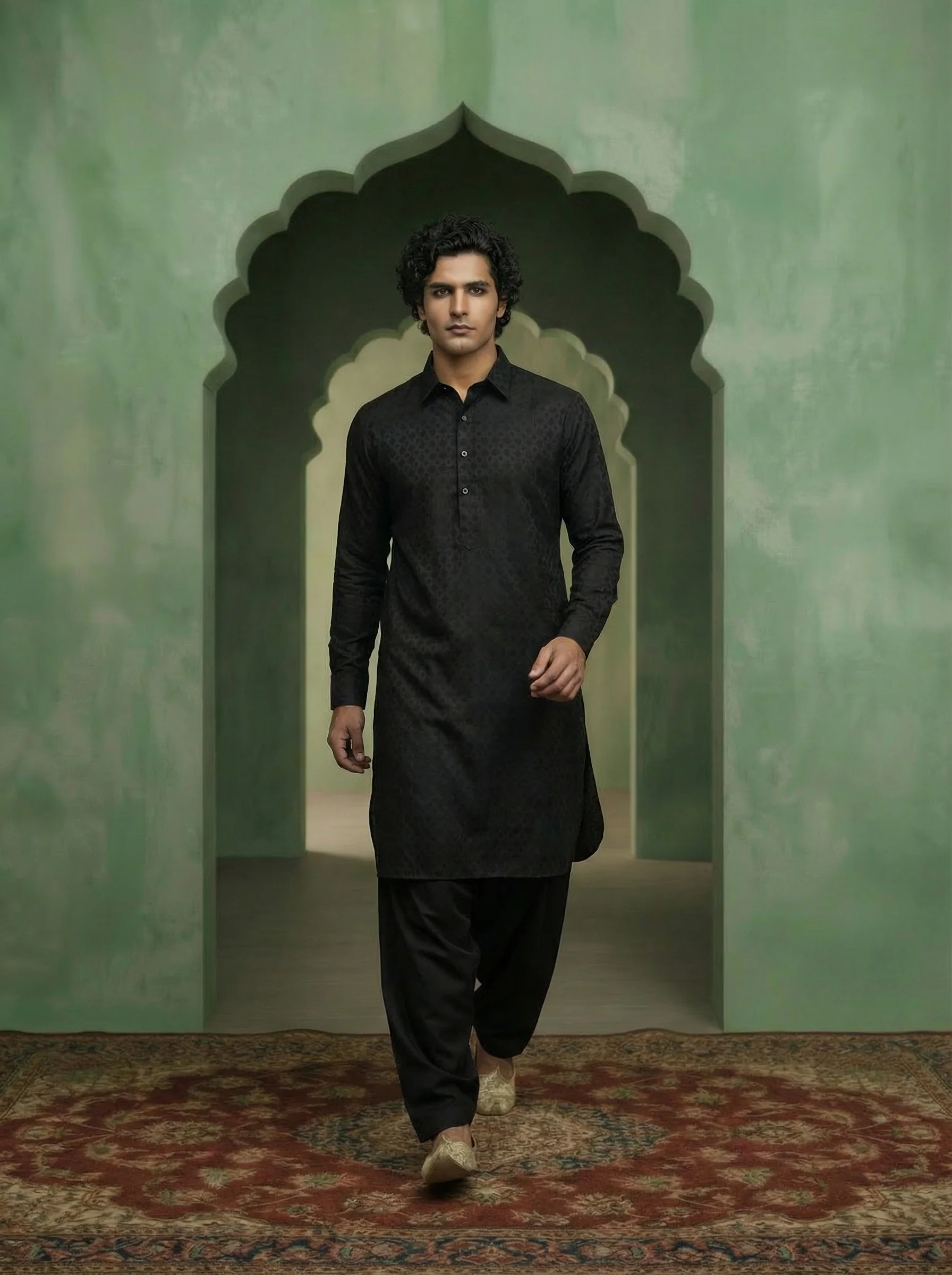 Black Silk Blend Jacquard Pathani Kurta Patiyala Set