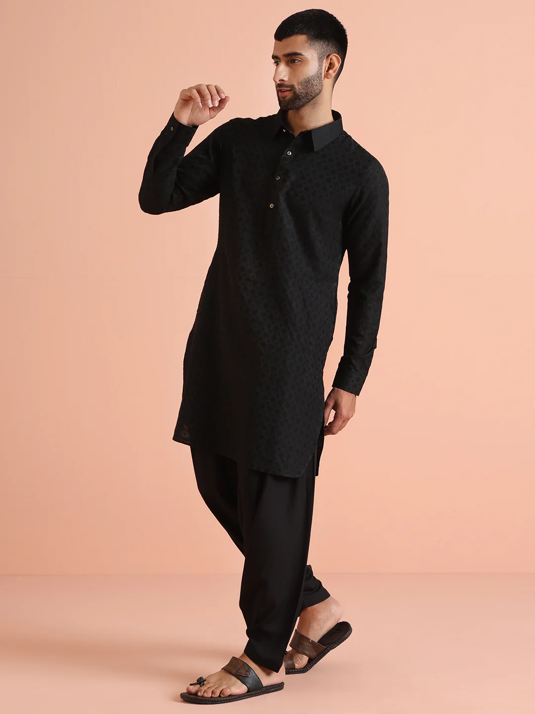 Black Silk Blend Jacquard Pathani Kurta Patiyala Set - Image 2