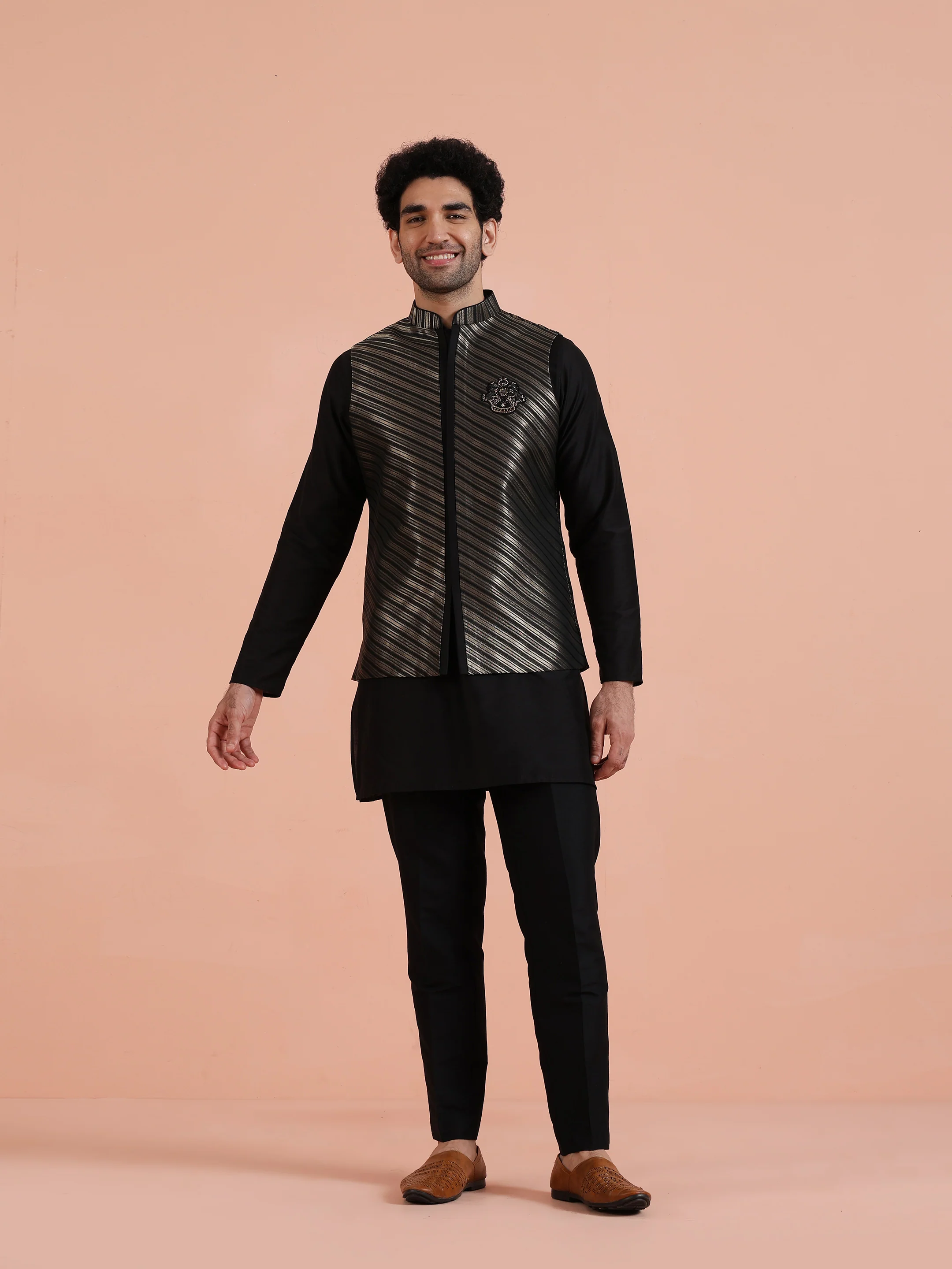 Black Silk Blend Kurta Jacket Set - Image 10