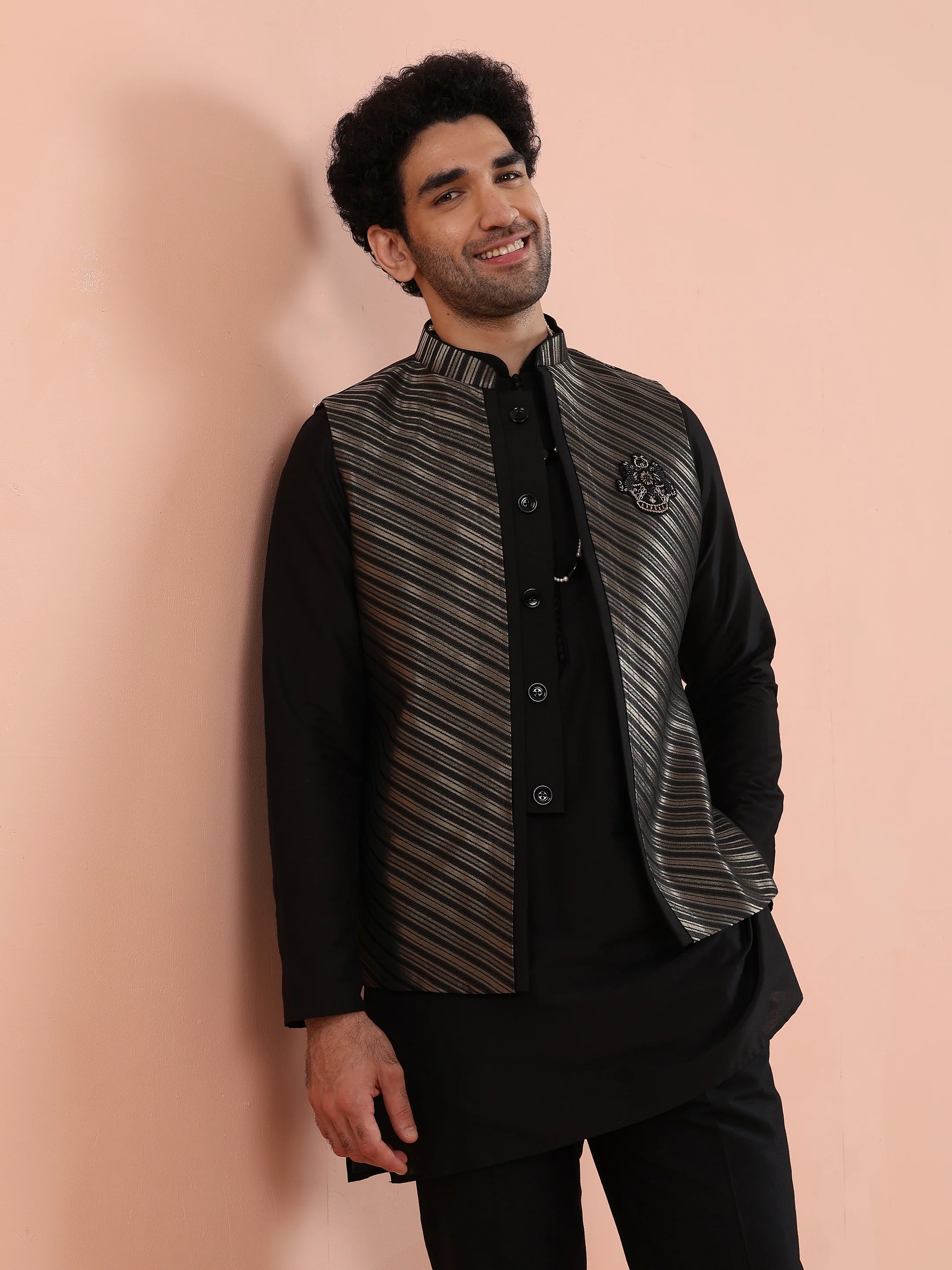 Black Silk Blend Kurta Jacket Set - Image 5
