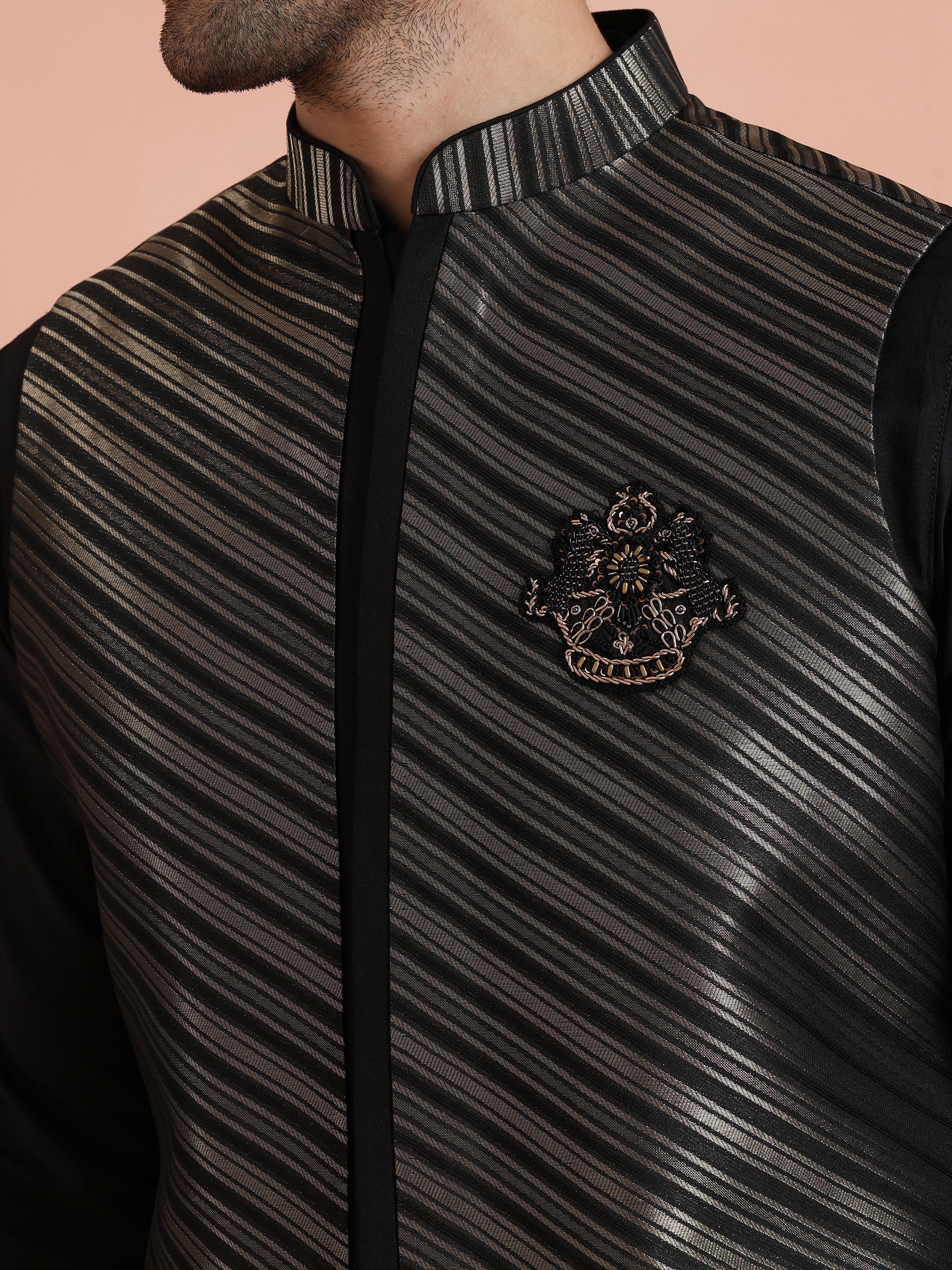 Black Silk Blend Kurta Jacket Set - Image 6