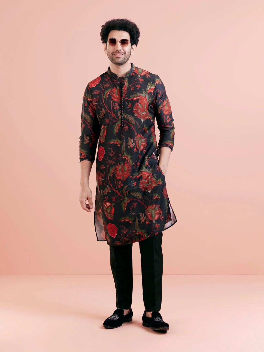 Black Silk Blend Kurta Set with Multicolor Floral Prints and Black Trousers – Festive & Wedding Ensemble