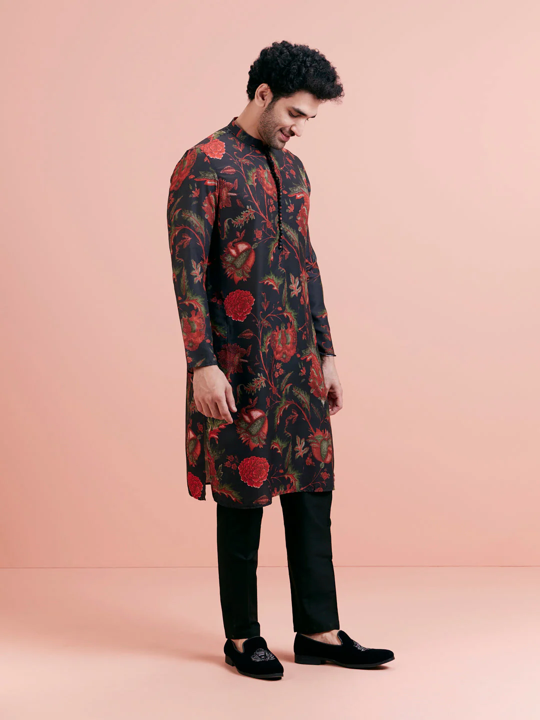 Black Silk Blend Kurta Set with Multicolor Floral Prints and Black Trousers – Festive & Wedding Ensemble - Image 4