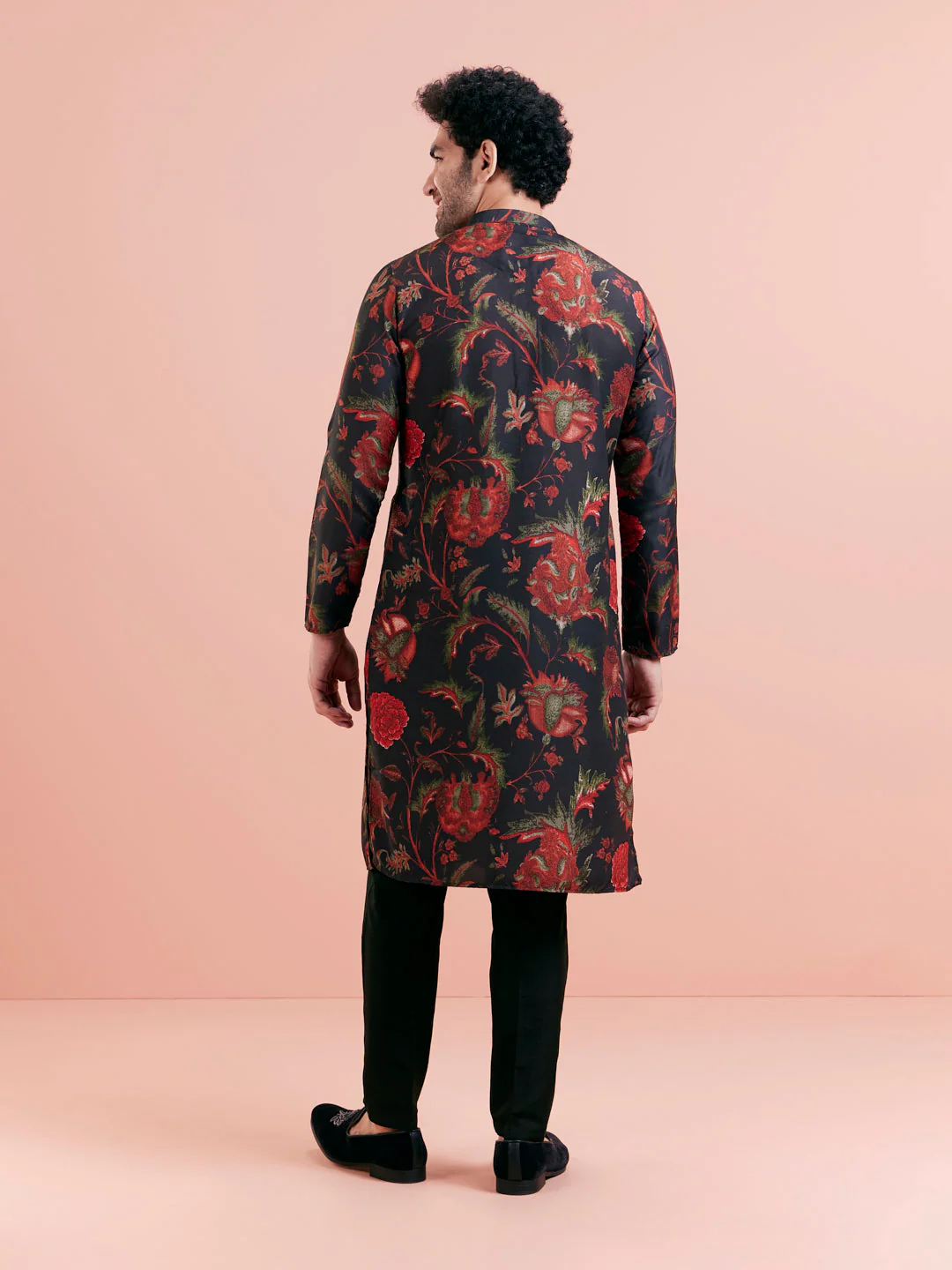 Black Silk Blend Kurta Set with Multicolor Floral Prints and Black Trousers – Festive & Wedding Ensemble - Image 7