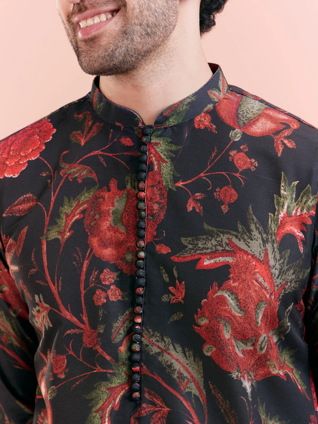 Black Silk Blend Kurta Set with Multicolor Floral Prints and Black Trousers – Festive & Wedding Ensemble - Image 8