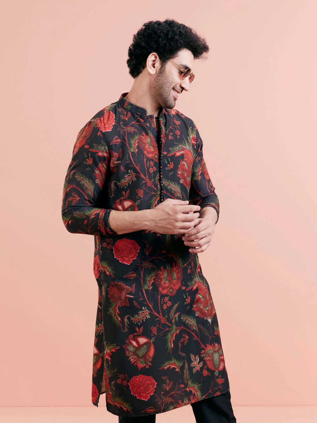 Black Silk Blend Kurta with Red and Green Floral Prints - Image 6