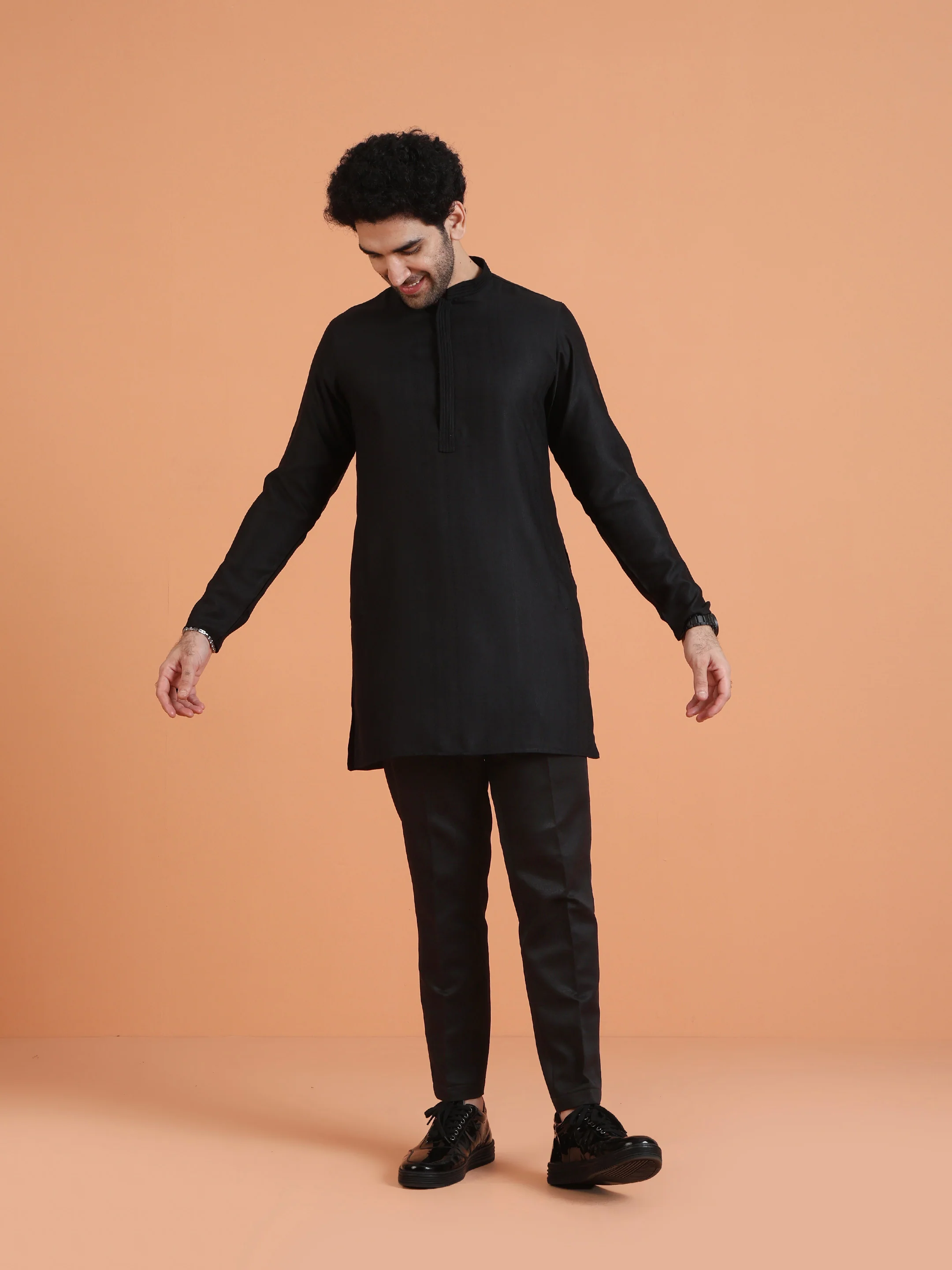 Black Silk Blend Kurta with Trouser Set - Image 7