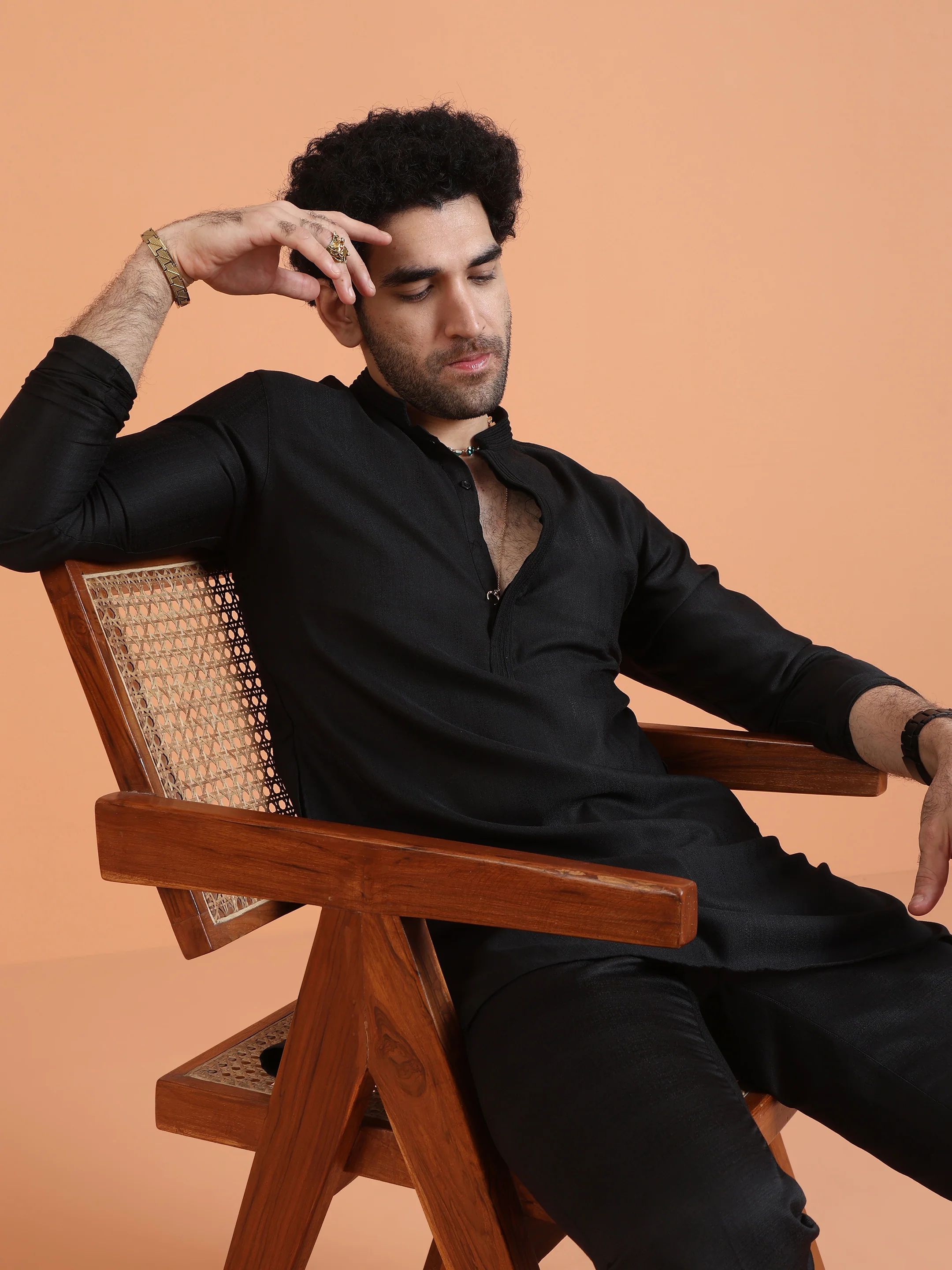 Black Silk Blend Kurta with Trouser Set - Image 8