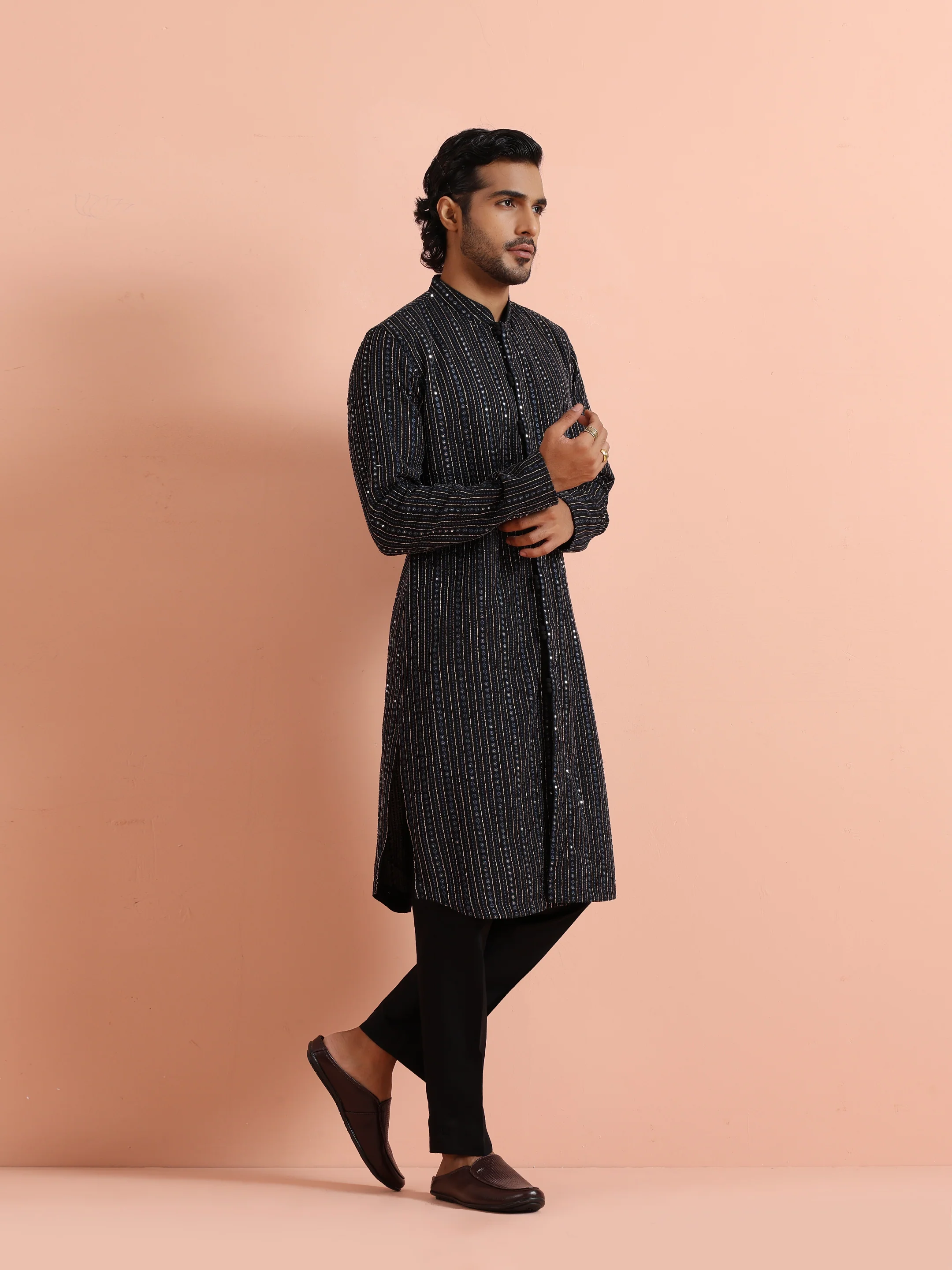 Black Silk Blend Mirror Work Kurta - Image 2