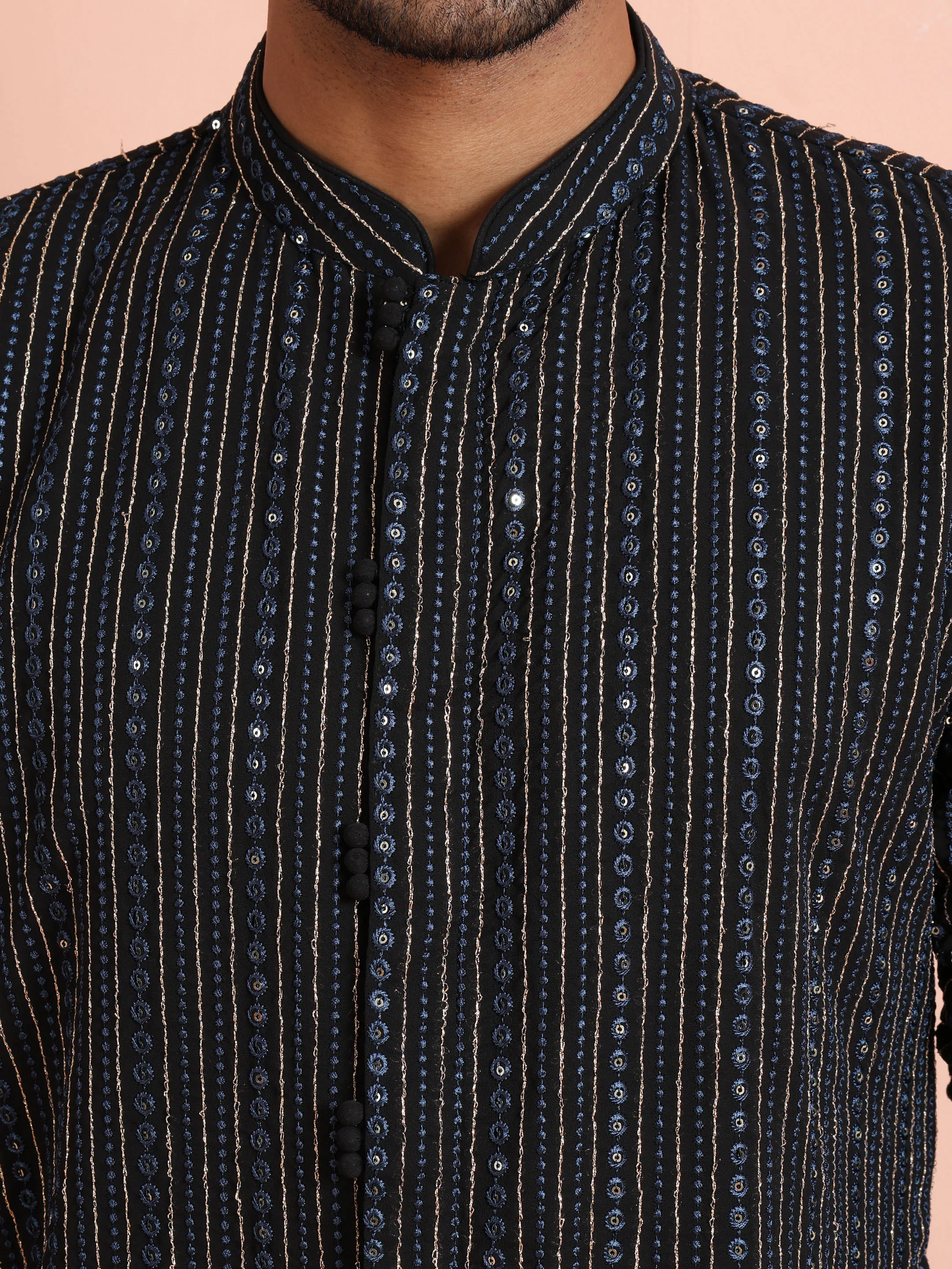 Black Silk Blend Mirror Work Kurta - Image 5