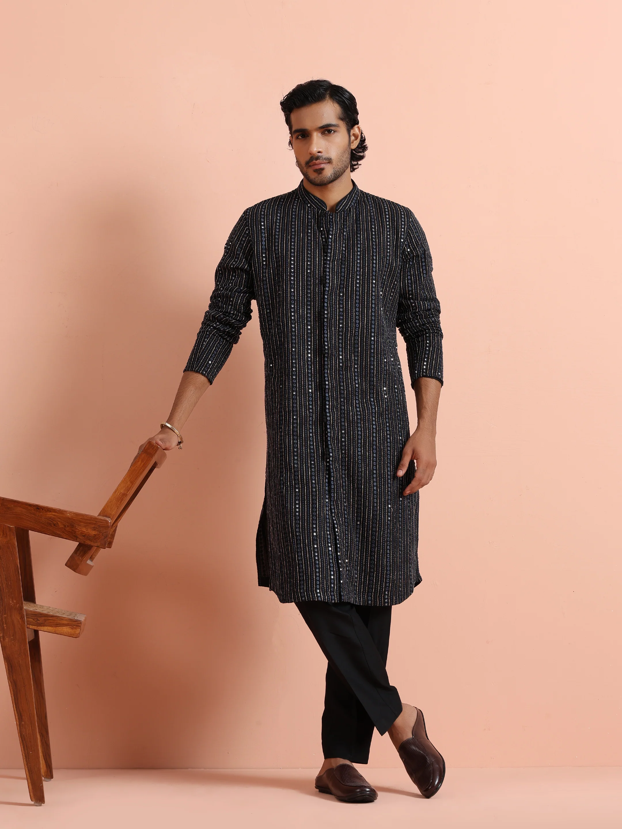 Black Silk Blend Mirror Work Kurta - Image 7