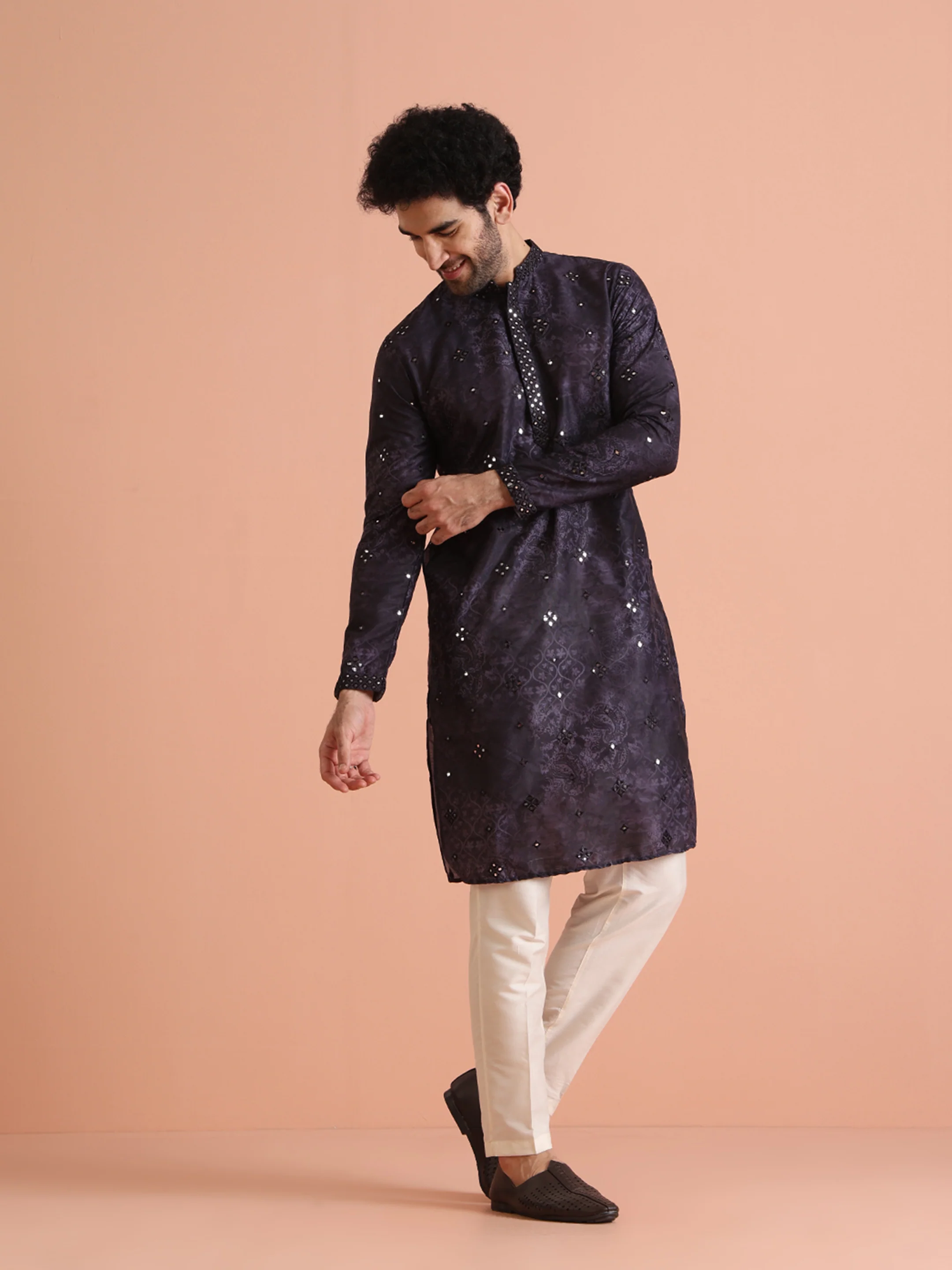 Black Silk Blend Mirror Work Kurta Trouser Set - Image 3