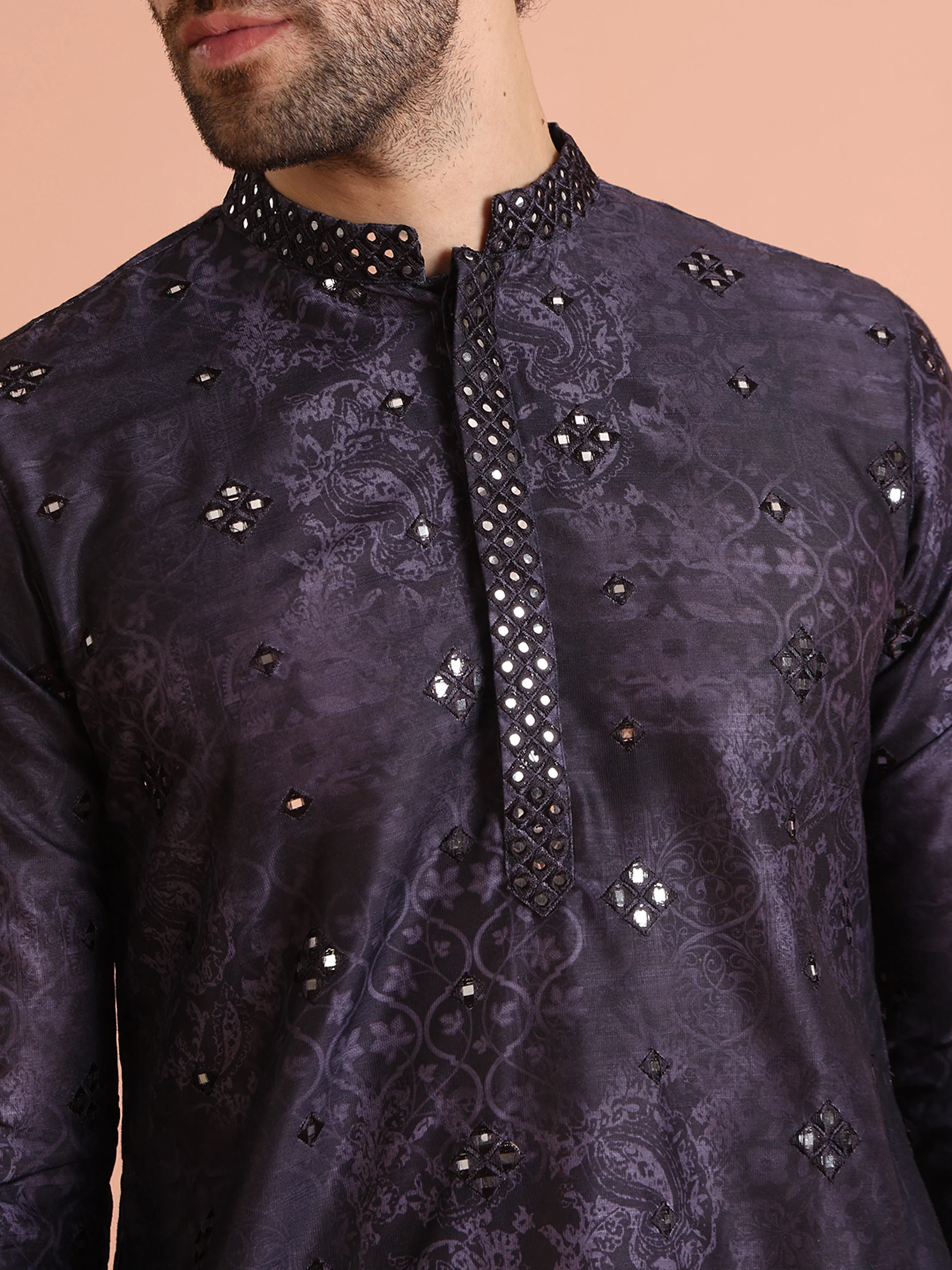 Black Silk Blend Mirror Work Kurta Trouser Set - Image 5
