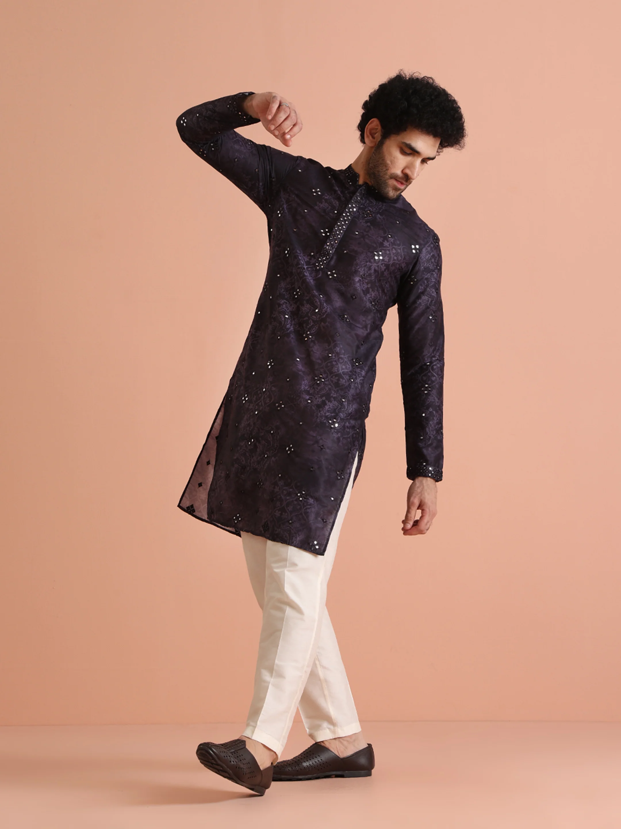 Black Silk Blend Mirror Work Kurta Trouser Set - Image 7
