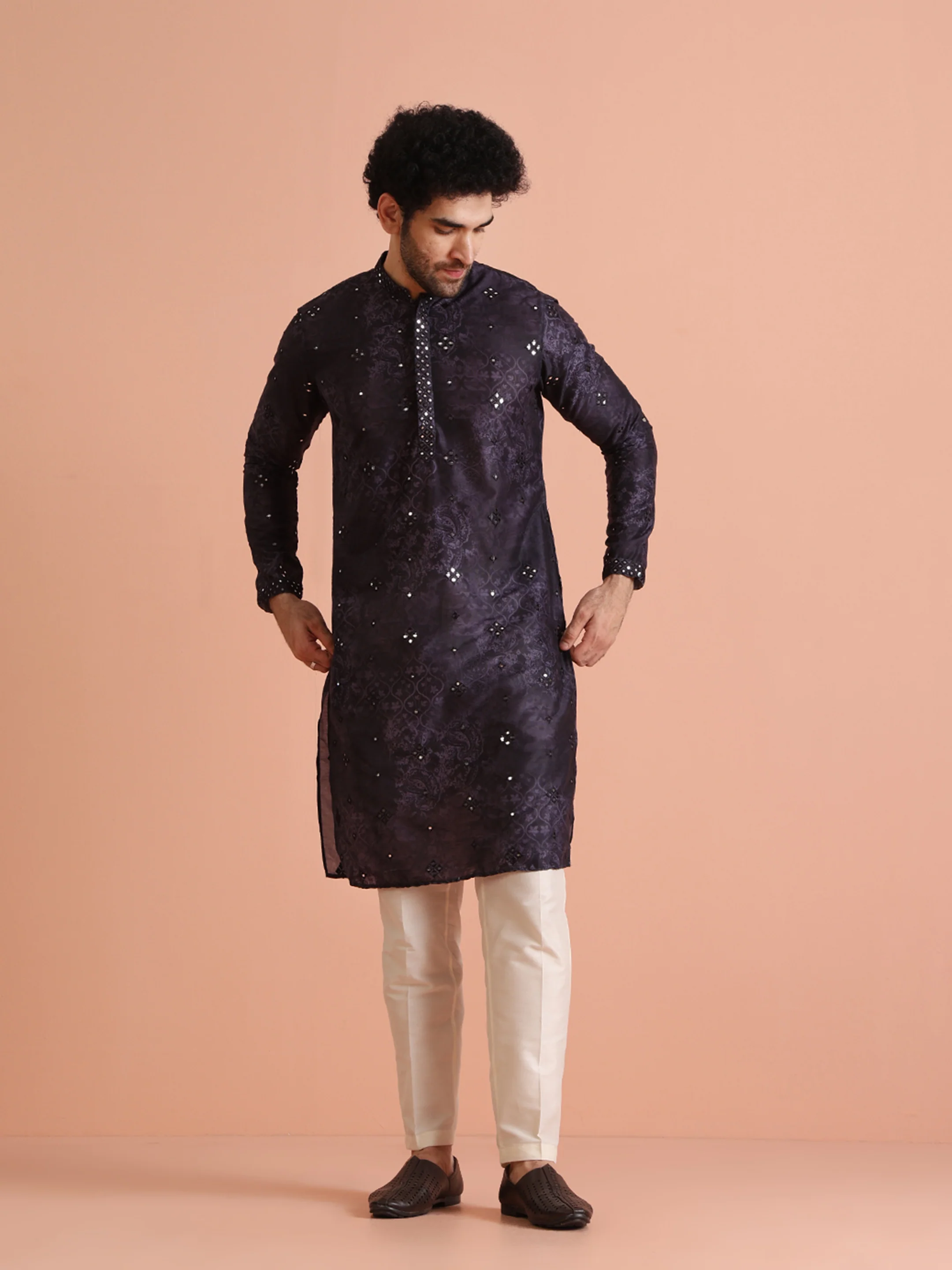 Black Silk Blend Mirror Work Kurta Trouser Set - Image 8