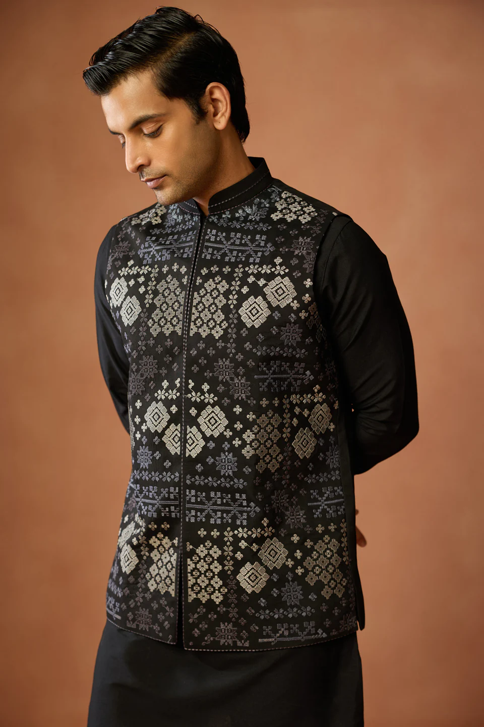 Black Silk Blend Nehru Jacket with Silver Geometric Woven