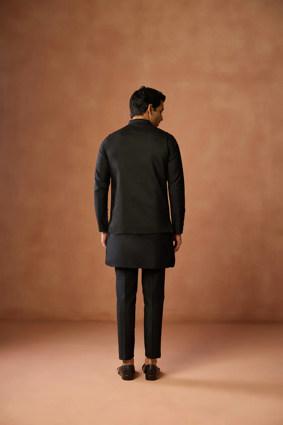 Black Silk Blend Nehru Jacket with Silver Geometric Woven - Image 4