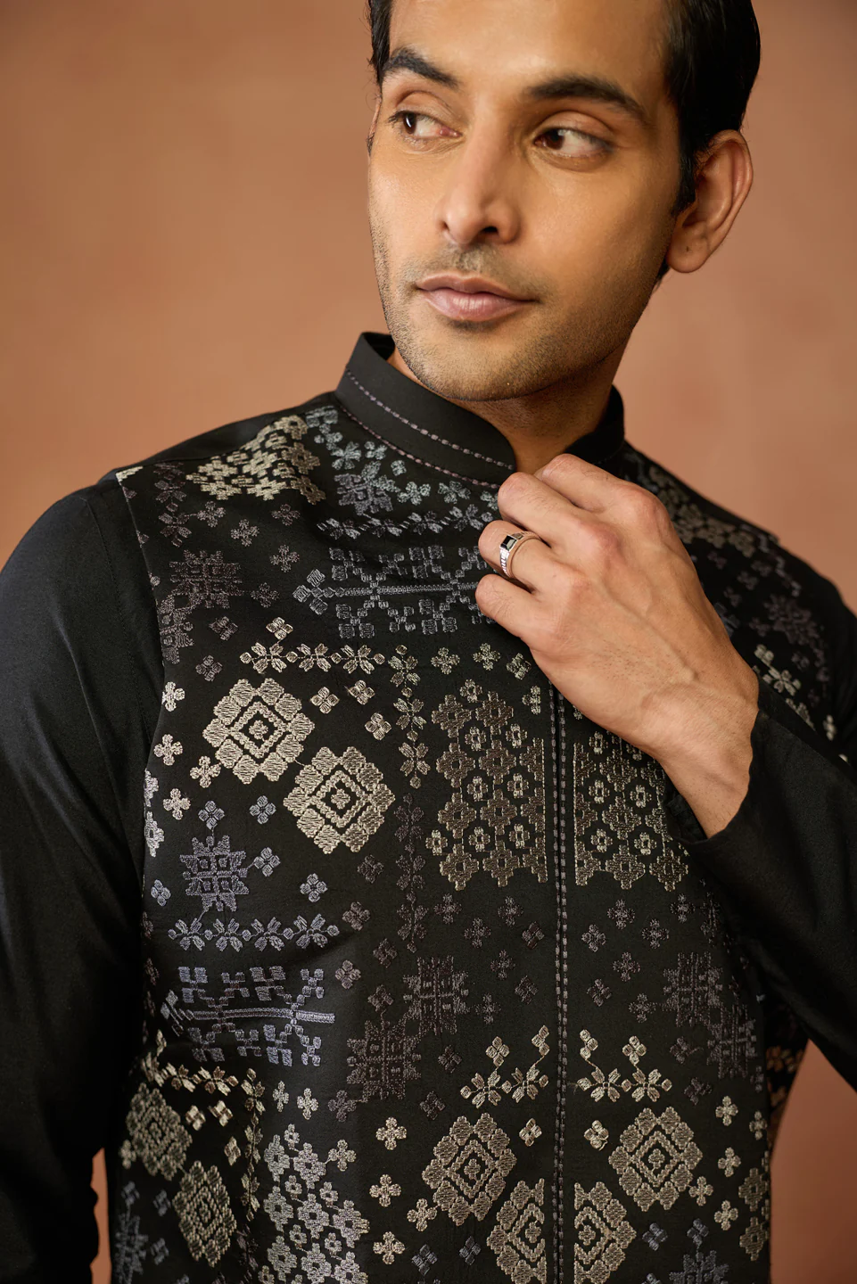 Black Silk Blend Nehru Jacket with Silver Geometric Woven - Image 5