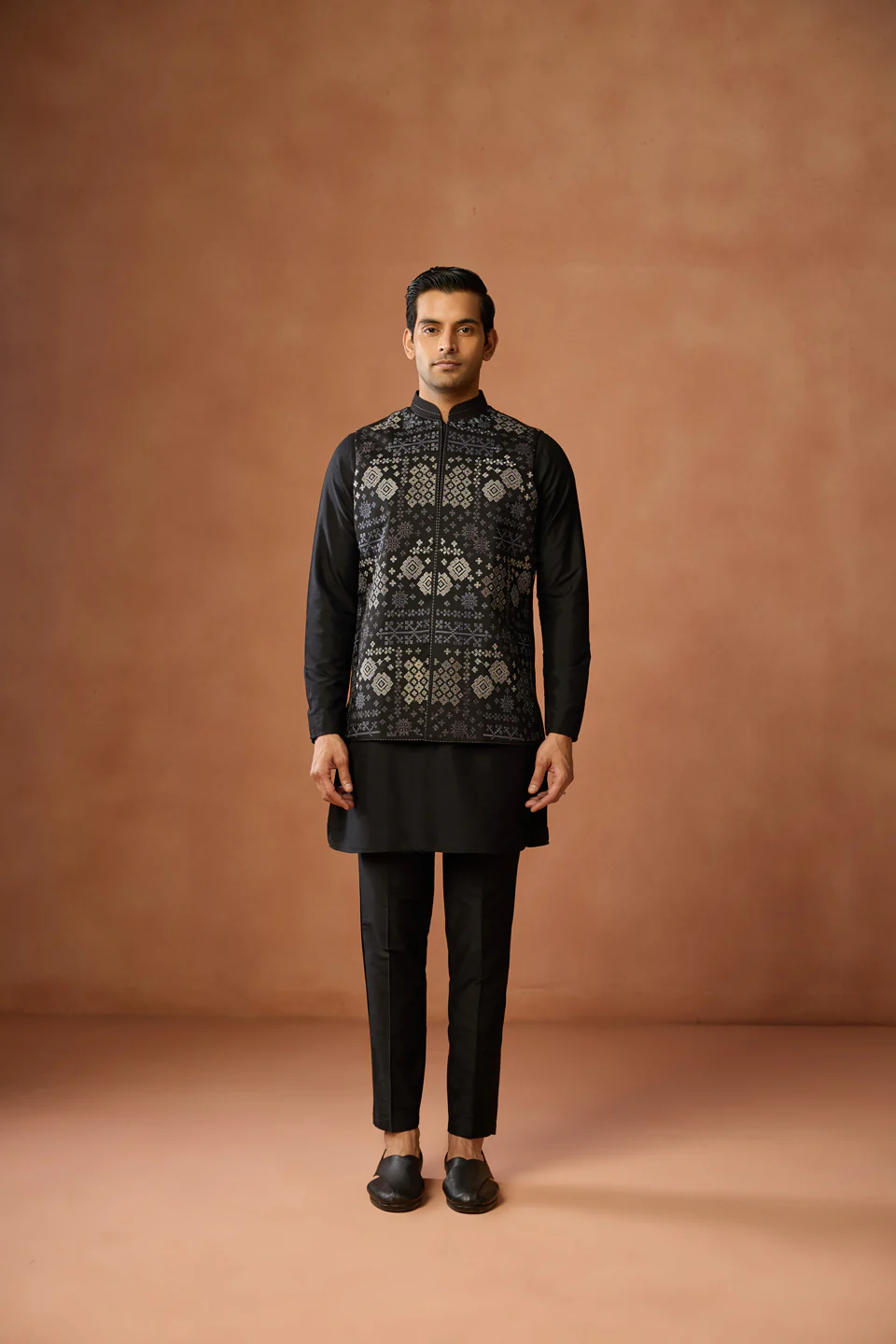 Black Silk Blend Nehru Jacket with Silver Geometric Woven - Image 6